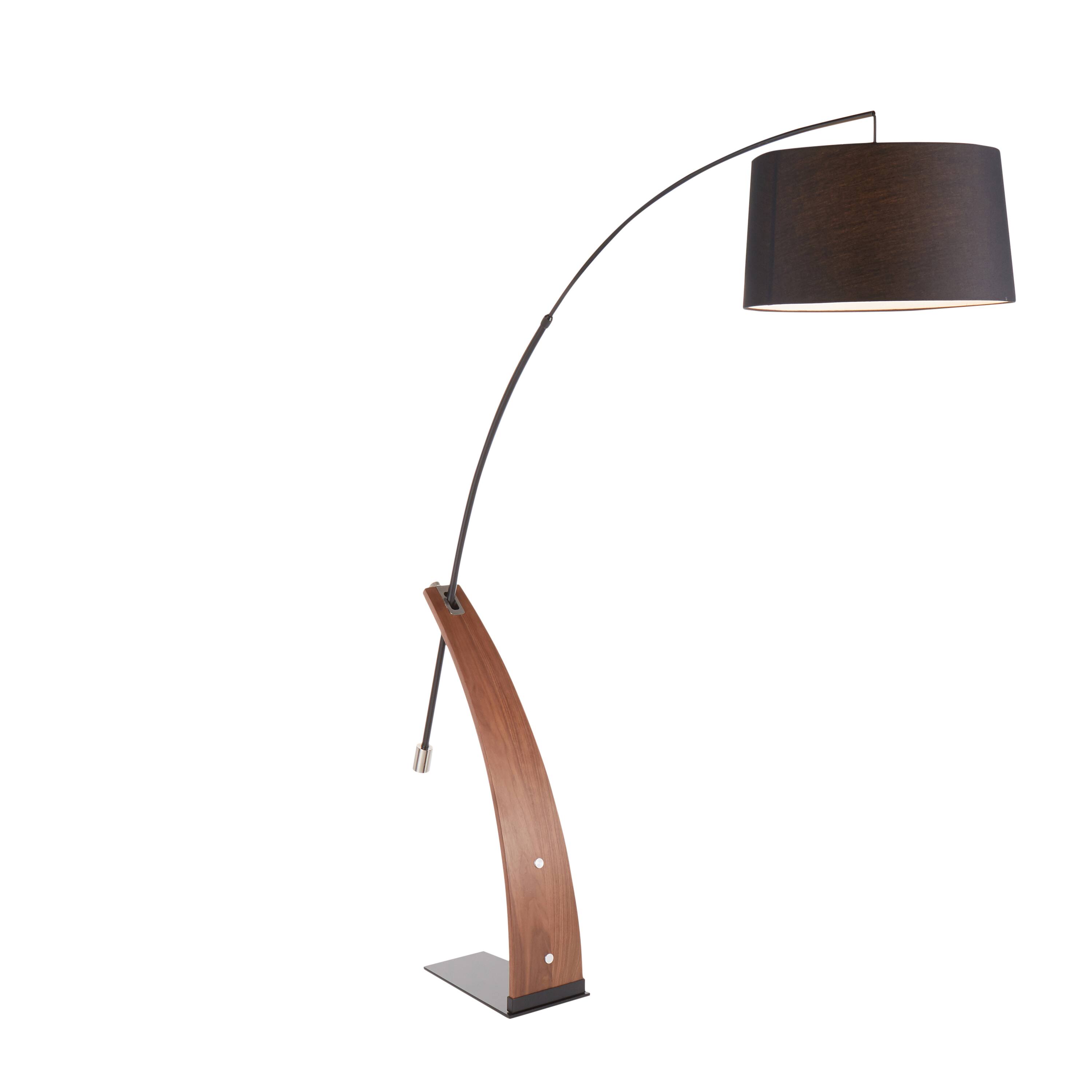 Angle. Loheer - Loheer Mid-Century Modern Floor Lamp Walnut Wood Arched Standing Light with Black Linen Shade 74 Inch Tall - Walnut.