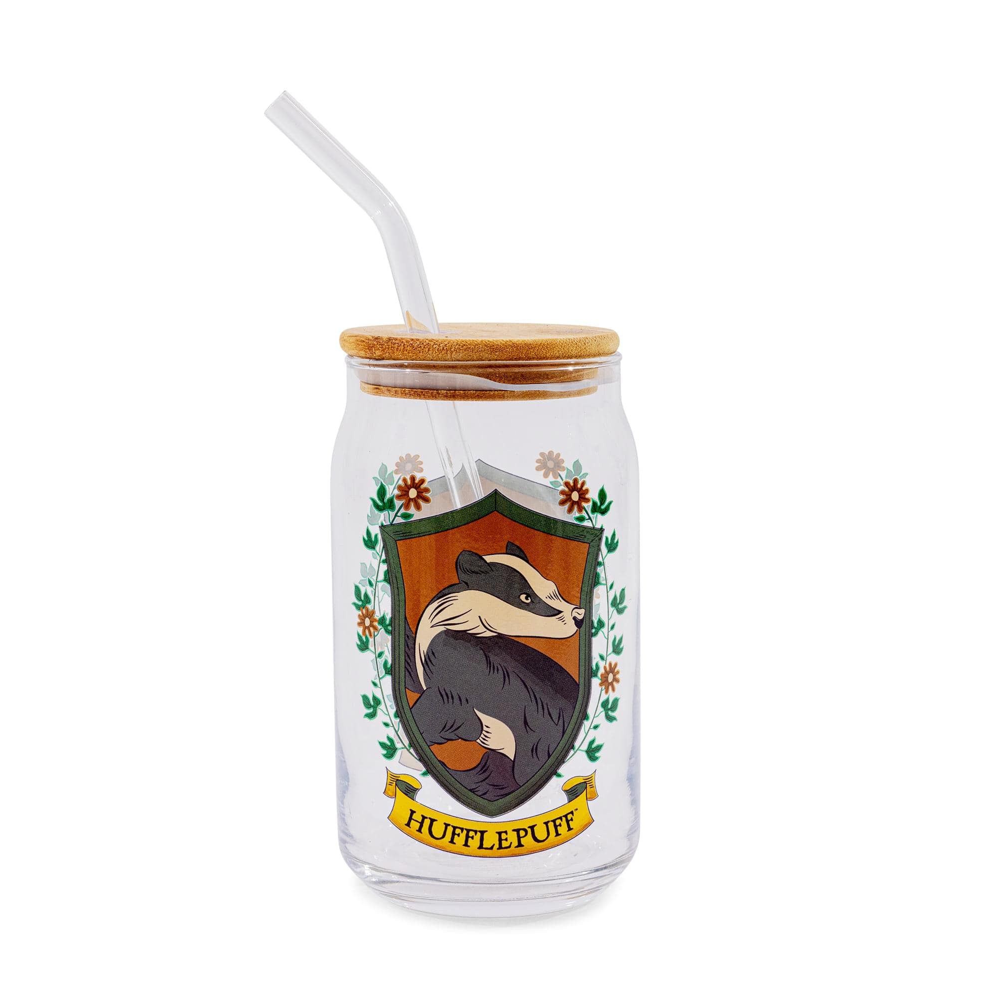 Silver Buffalo - Harry Potter Hufflepuff House Mascot Glass Tumbler With Bamboo Lid and Straw - Multi-Colored
