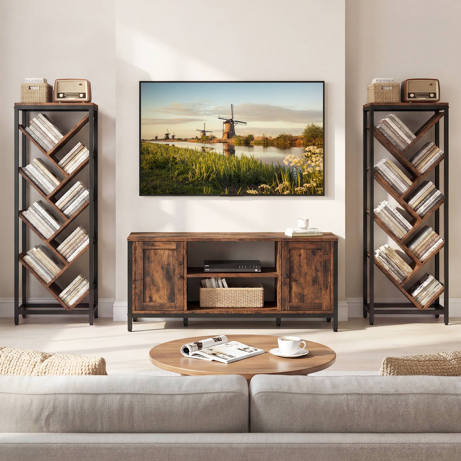 Alt View 4. Costway - Costway Tree Bookshelf 9-Tier Freestanding Bookcase Corner Narrow Display Shelf for Home - Rustic Brown & Black.