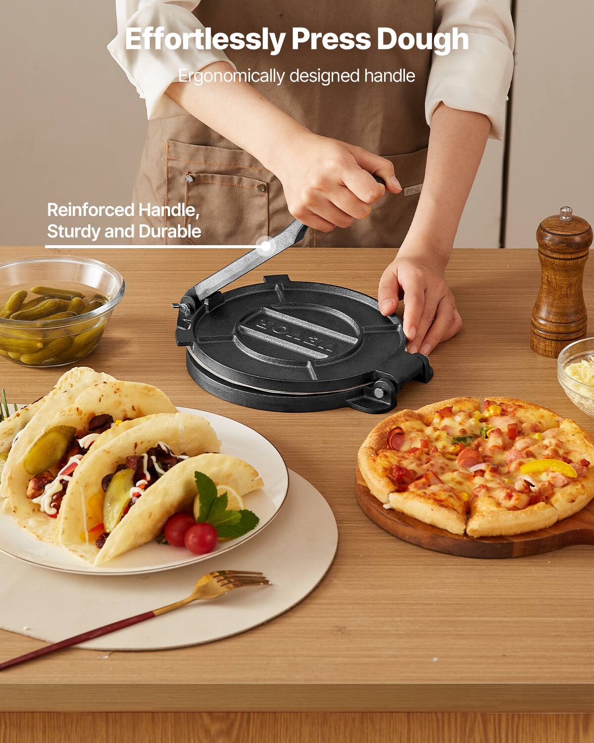 Effortlessly Press Dough  
Ergonomically designed handle  
Reinforced Handle, Sturdy and Durable