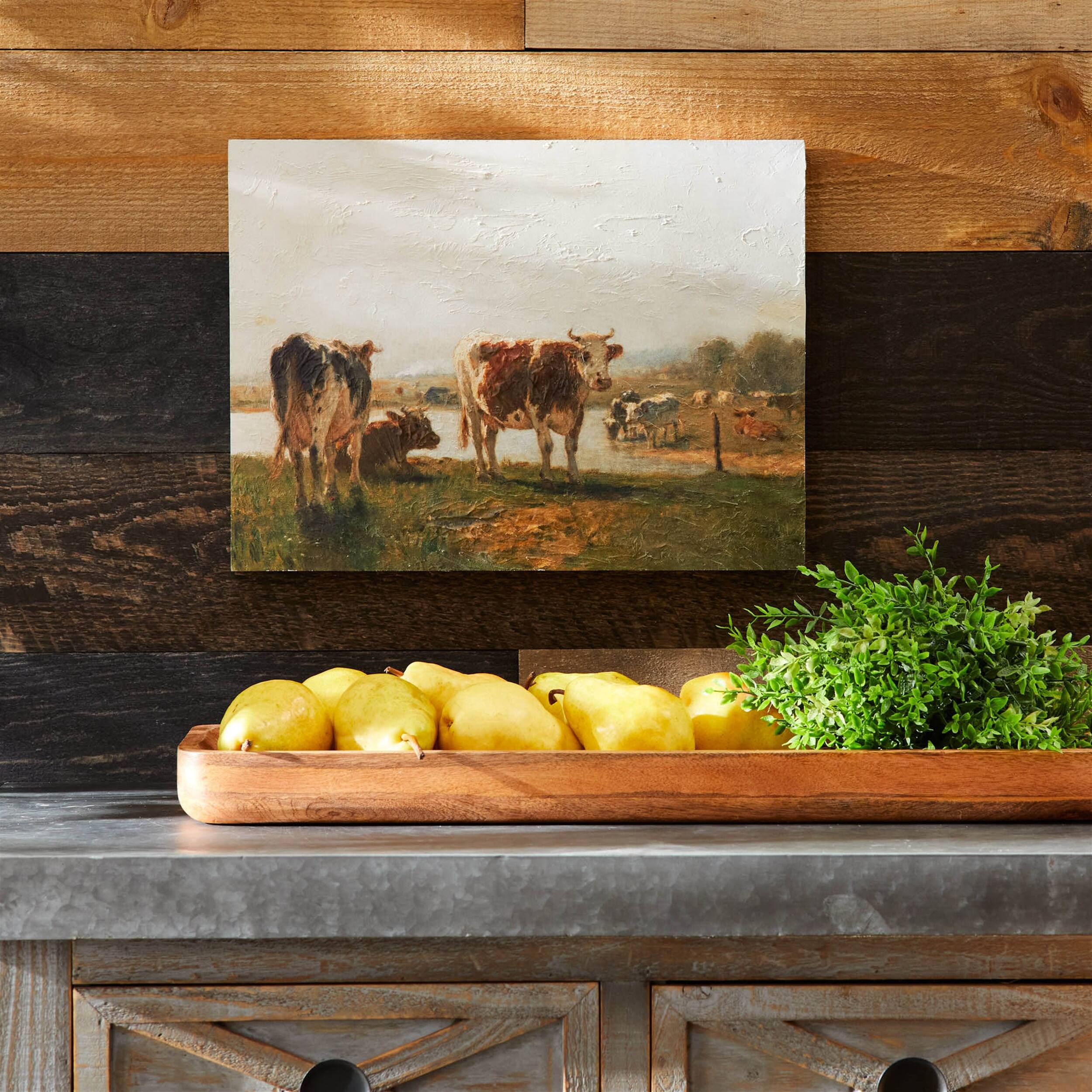 Angle. BreeBe - Cattle Landscape Print Wall Art 15.75"L - Brown, Green.
