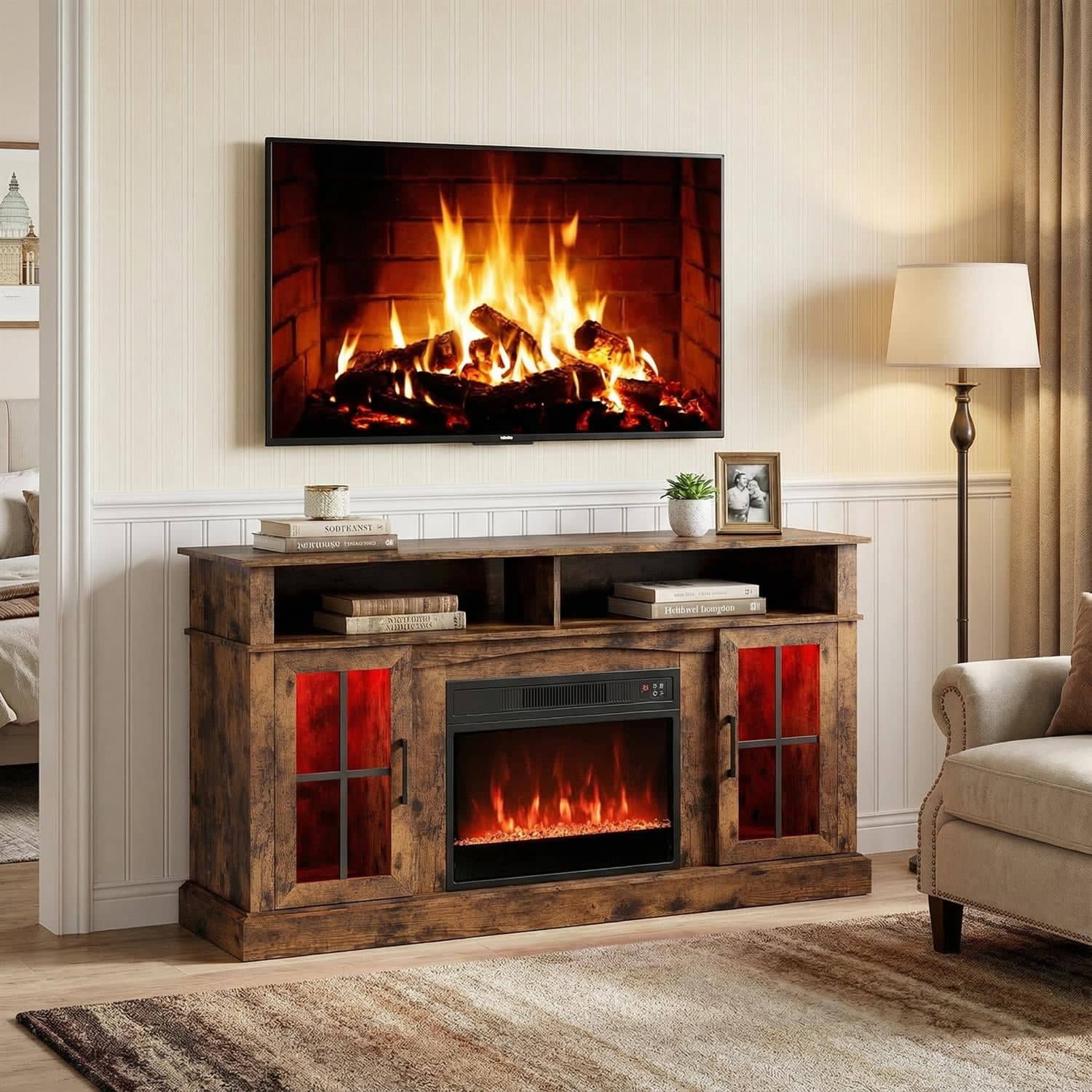 Pefilos - 58 Inch Fireplace TV with LED Storage Cabinets Glass Doors, Electric Entertainment for TVs up Rustic TV Stand - Brown