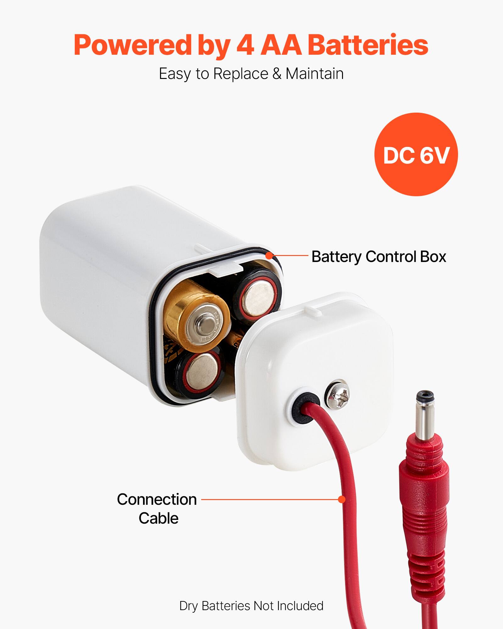 Powered by 4 AA Batteries  
Easy to Replace & Maintain  
DC 6V  
Battery Control Box  
Connection Cable  
Dry Batteries Not Included