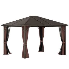 Outsunny - 10' x 12' Hardtop Gazebo with Curtains and Netting, Permanent Pavilion Metal Single Roof Gazebo Canopy - Brown