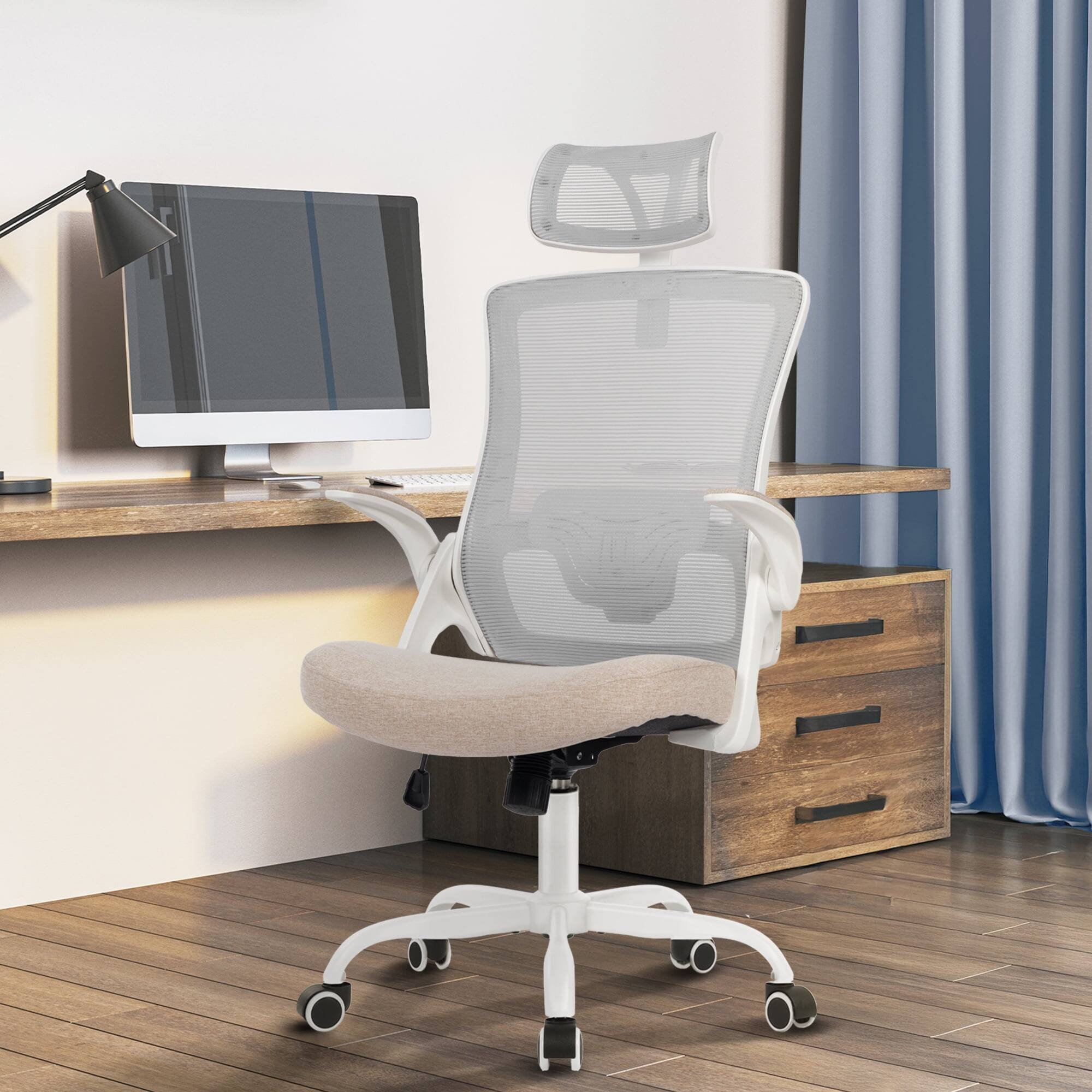 Alt View 2. Celtoss - Office Desk Computer Mesh Chair High Back Comfy Adjustable Ergonomic Headrest Lumbar Rolling Flip-up Armrests Steel Base - Steel Base-Beige.