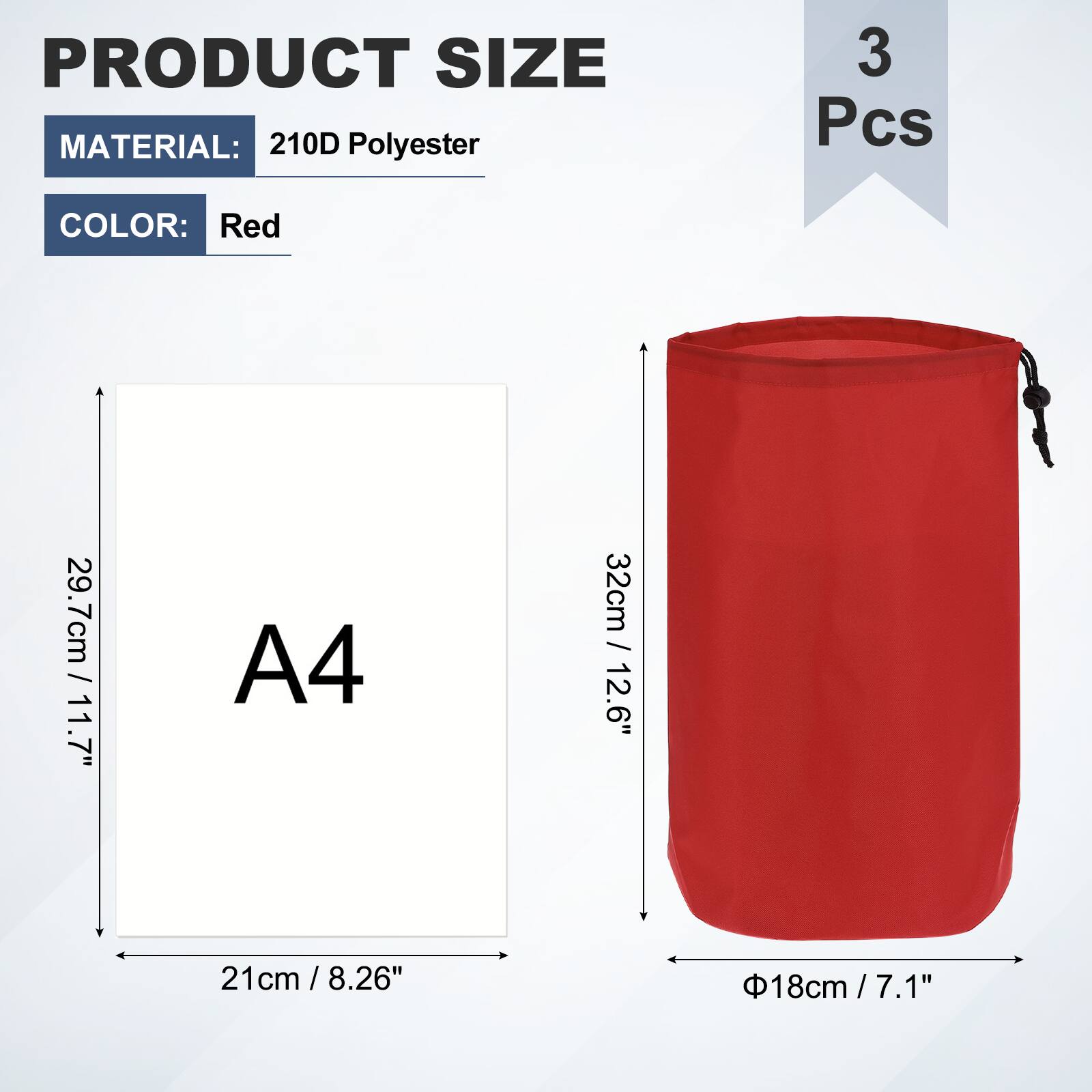 PRODUCT SIZE  
MATERIAL: 210D Polyester  
3 Pcs  
COLOR: Red  
A4  
21cm / 8.26"  
29.7cm / 11.7"  
32cm / 12.6"  
Φ18cm / 7.1"