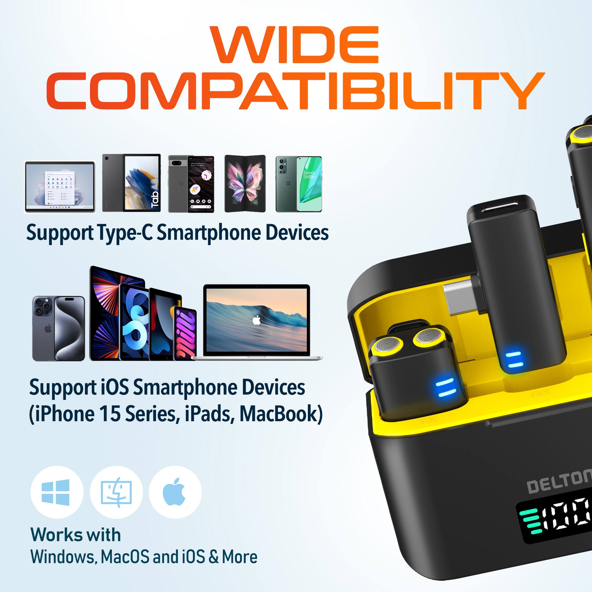 WIDE COMPATIBILITY

Support Type-C Smartphone Devices
Support iOS Smartphone Devices (iPhone 15 Series, iPads, MacBook)
Works with Windows, MacOS and iOS & More
DELTON 130