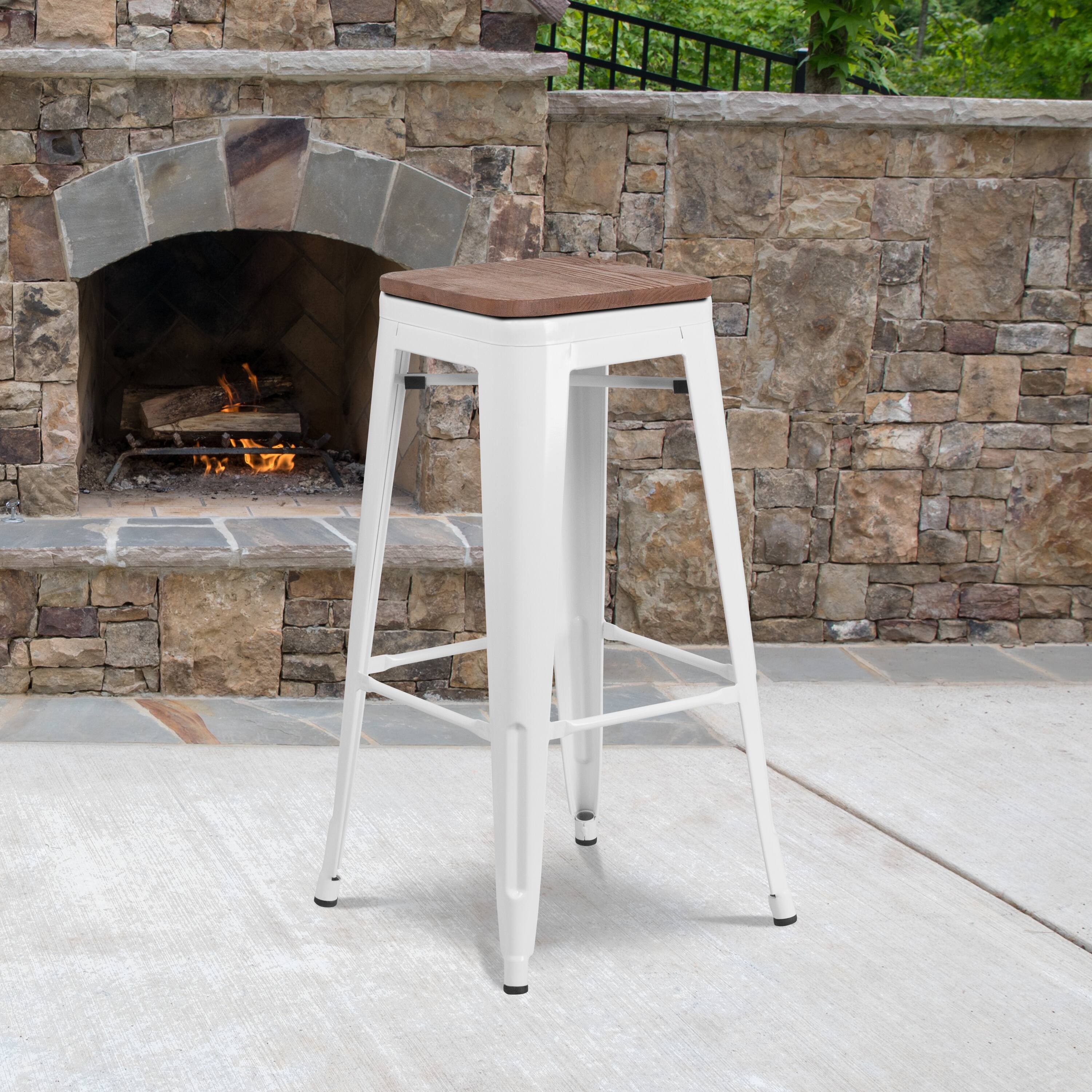 Front. Emma + Oliver - 30"H Backless Metal Barstool with Wood Seat - White.