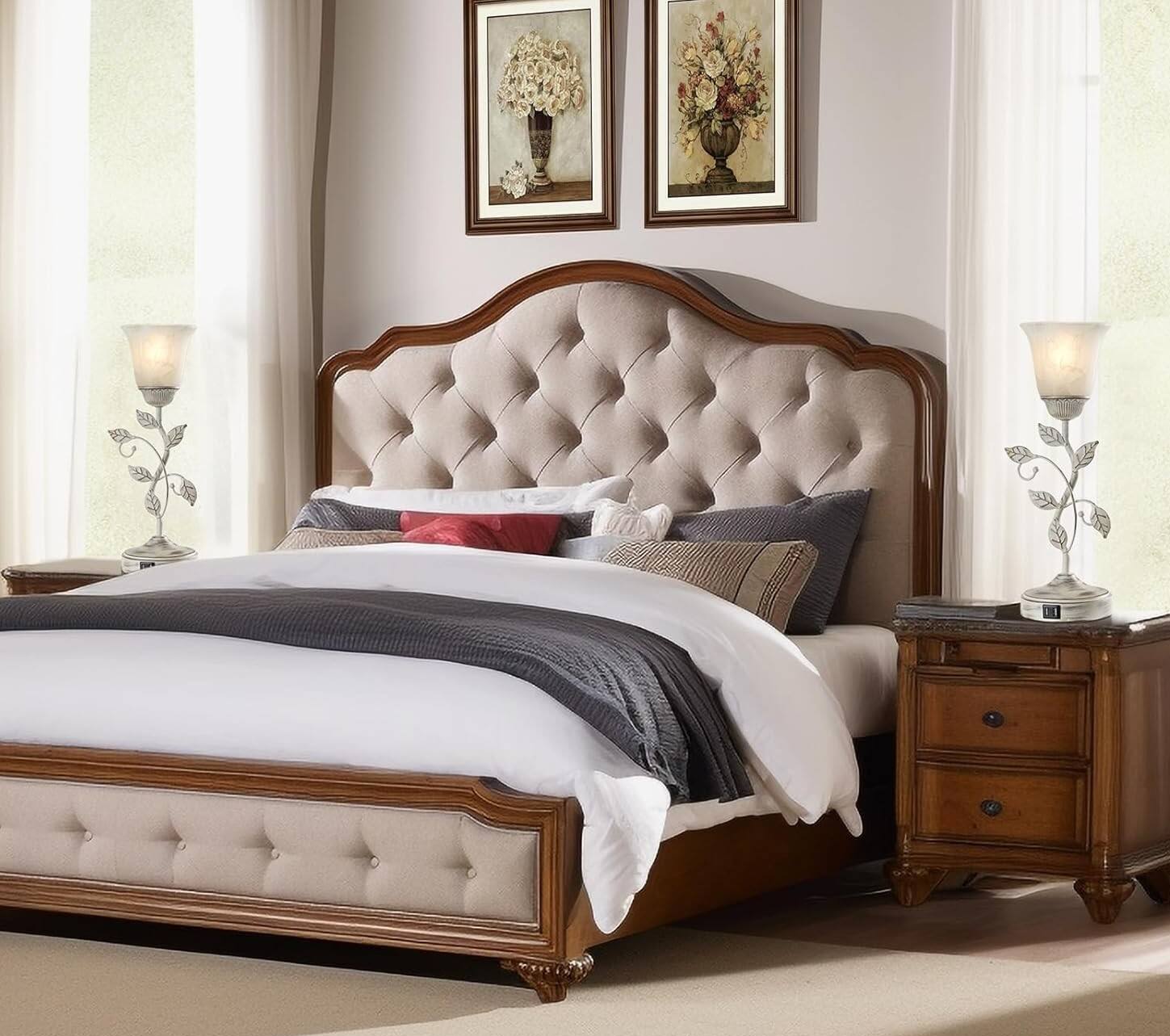 Alt View 1. FINEAK - Vintage Table Lamp with Touch Control & Dual USB Charging - 1 Pack - Retro White.