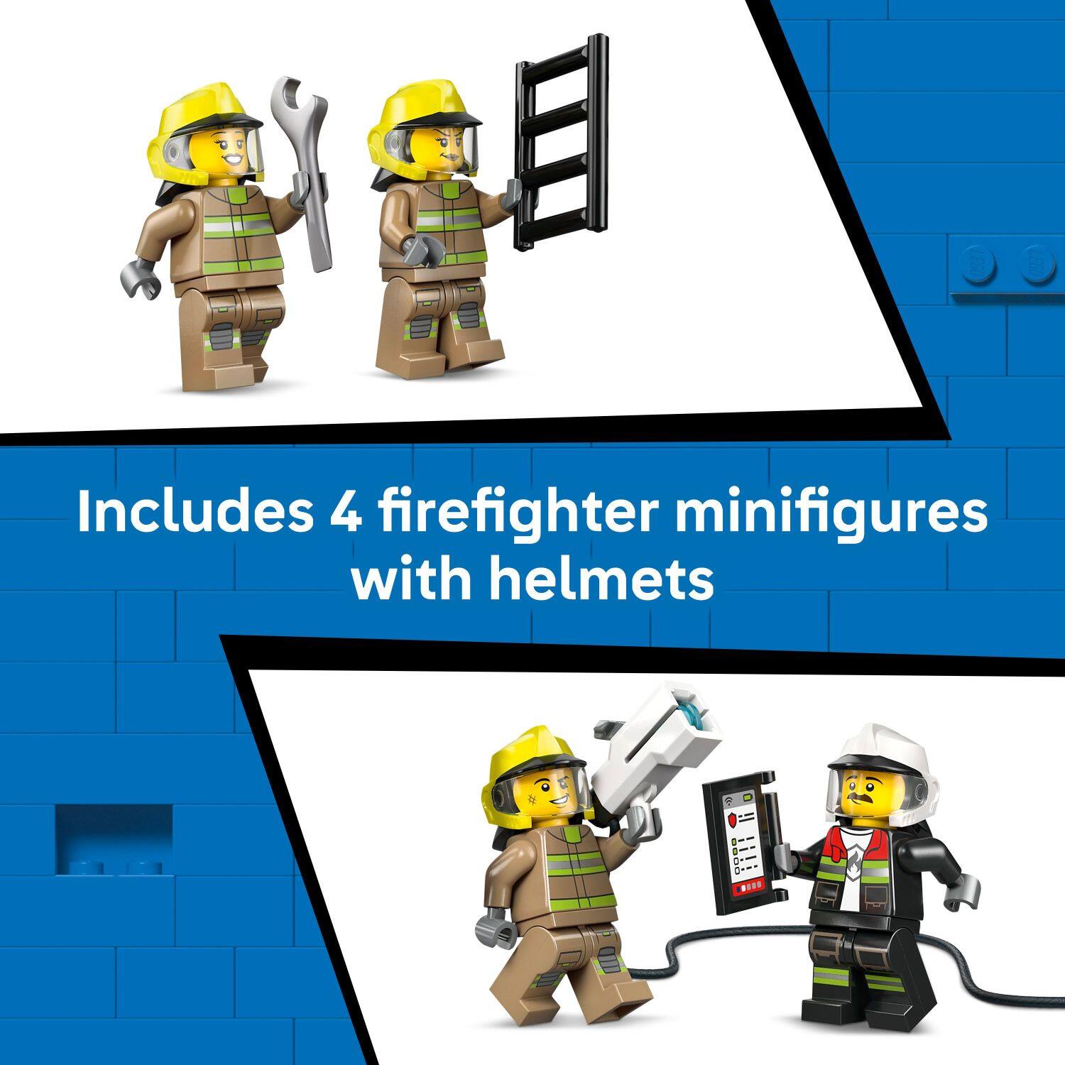 Includes 4 firefighter minifigures with helmets