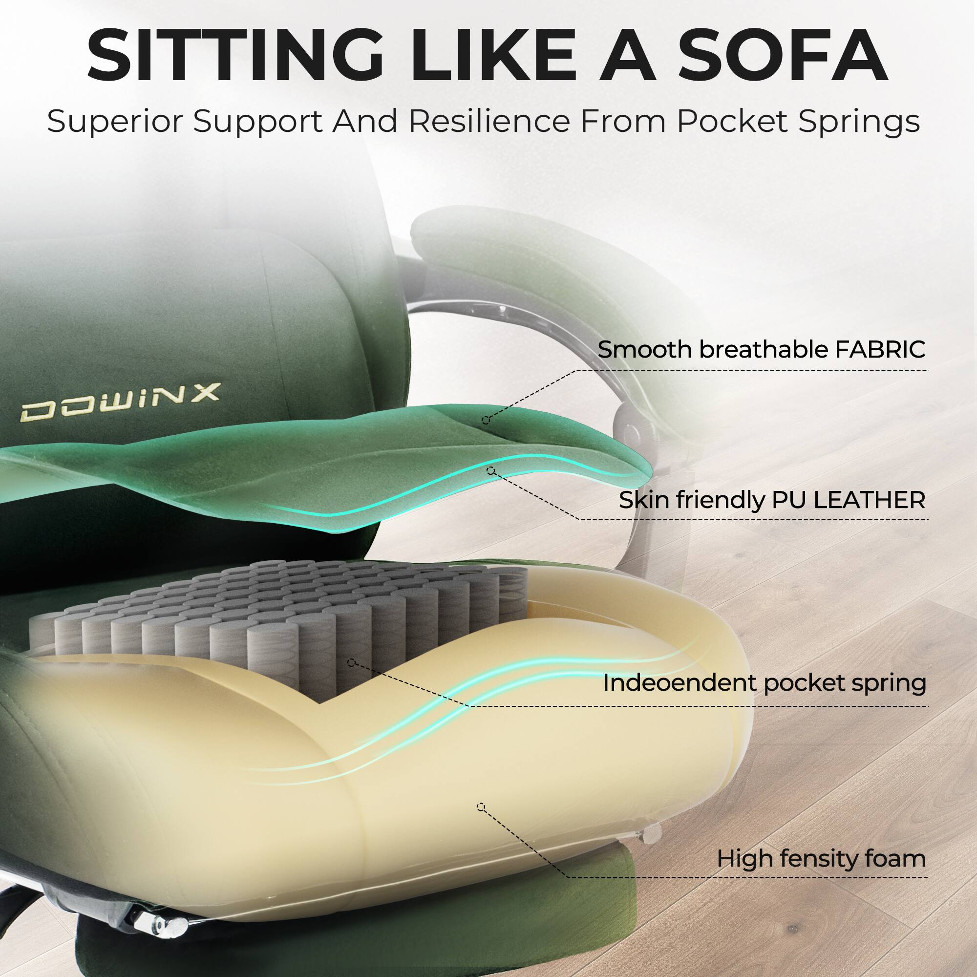 SITTING LIKE A SOFA  
Superior Support And Resilience From Pocket Springs  

- Smooth breathable FABRIC  
- Skin friendly PU LEATHER  
- Independent pocket spring  
- High density foam