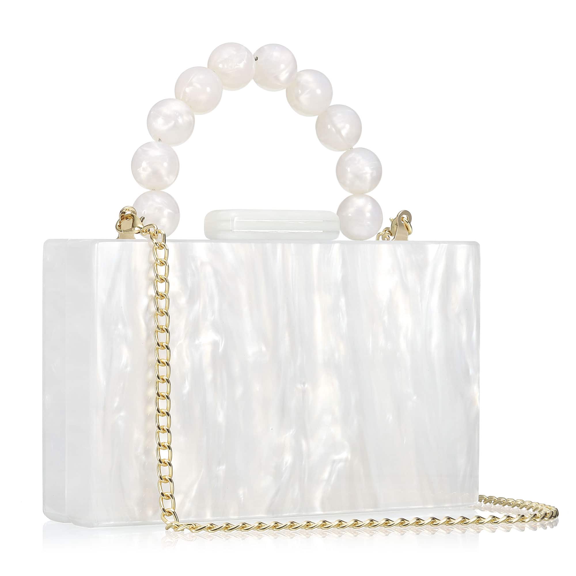 Unique Bargains - Evening Clutch Bag, Acrylic Purse Marbling Handbag for Women Crossbody with Pearl Chain for Formal Wedding - White