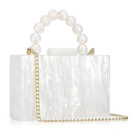 Unique Bargains - Evening Clutch Bag, Acrylic Purse Marbling Handbag for Women Crossbody with Pearl Chain for Formal Wedding - White