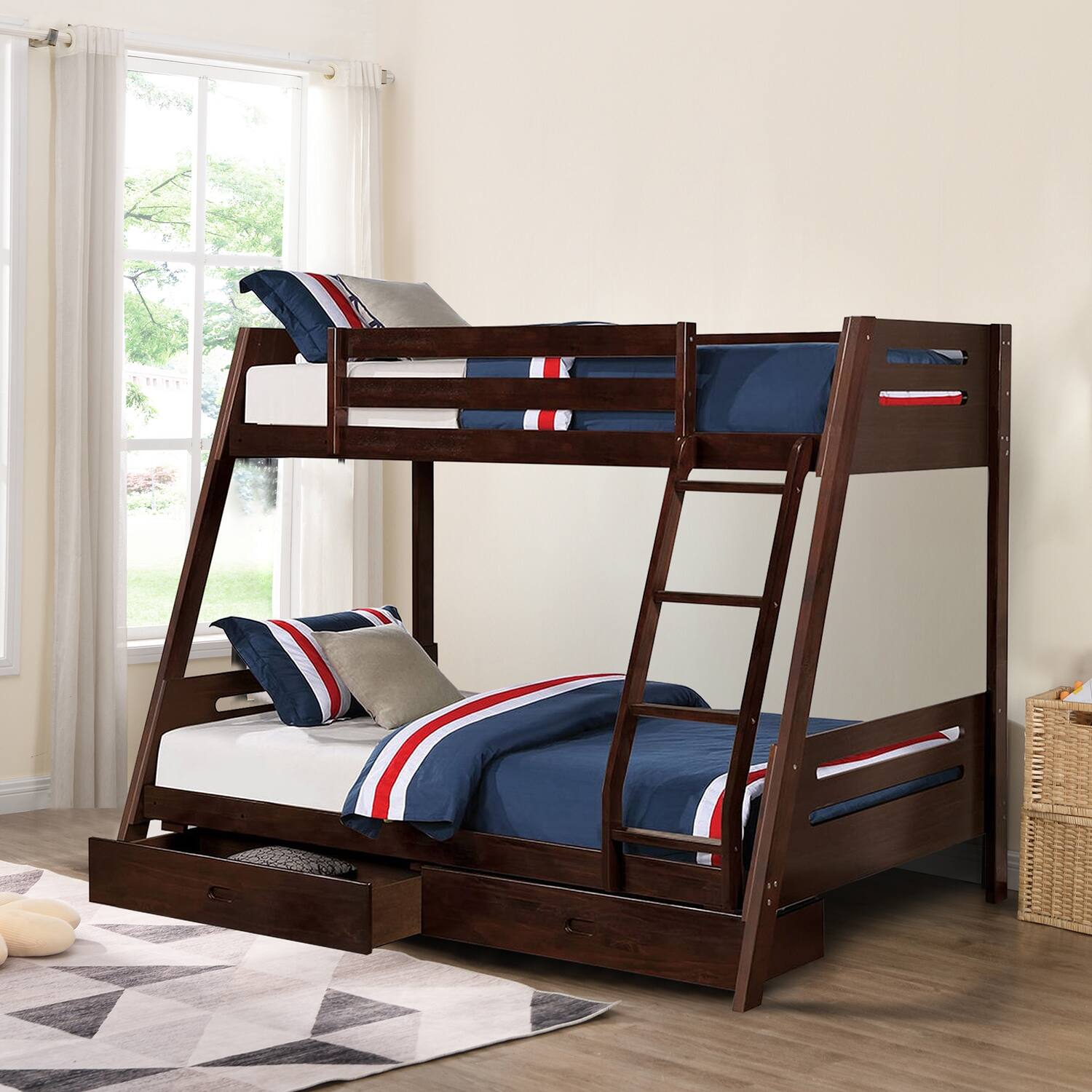 Left. Vaczon - Twin/Full Bunk Bed for Kids & Teens, Solid Wood Frame with Storage Drawers, Built-In Ladder Full-Length Guardrails - Espresso.