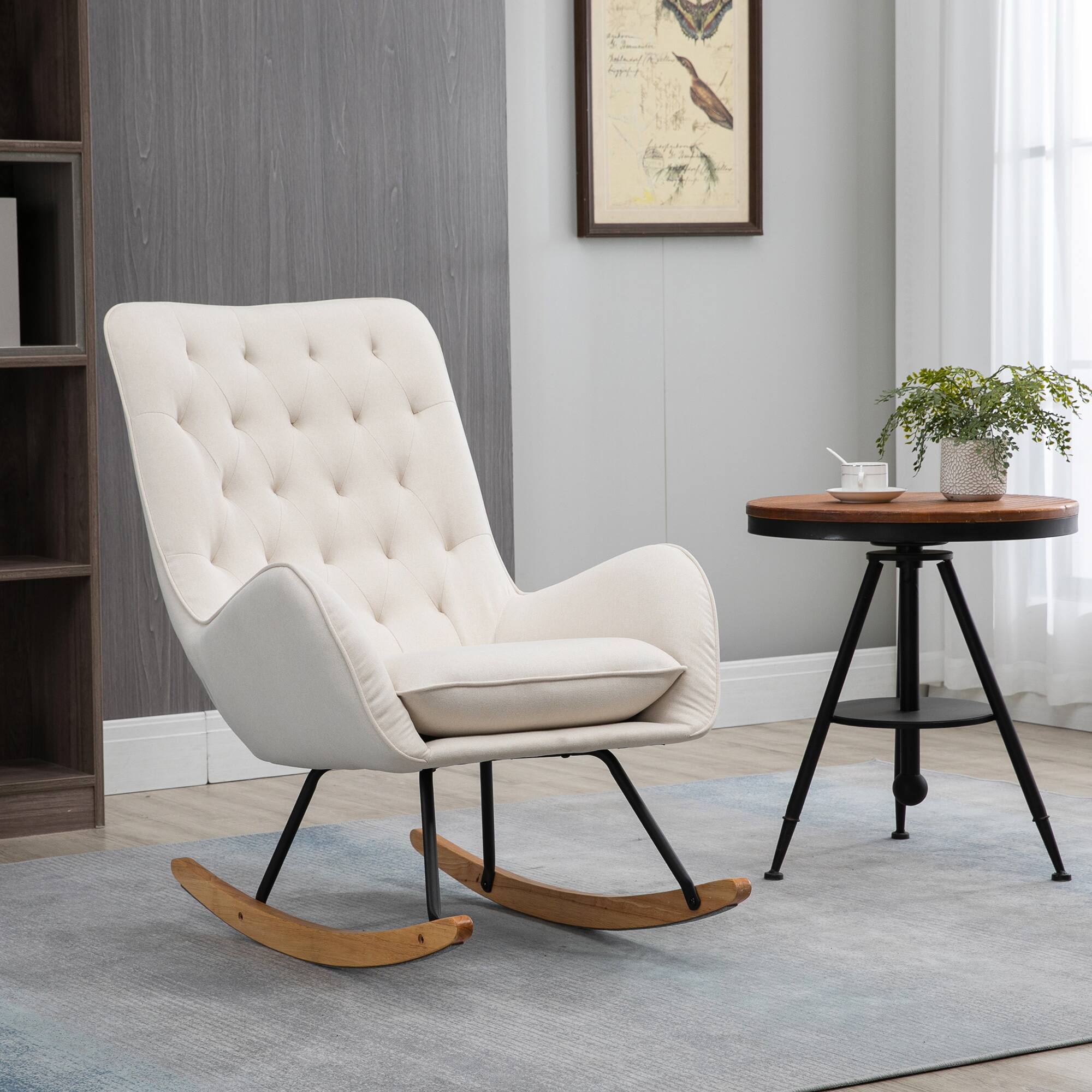 Angle. Homcom - Mid-Century Fabric Rocking Chair Sofa Armchair Tufted Rocker Wingback Accent Chair with Padded Seat, Rubber Wood - Cream White.