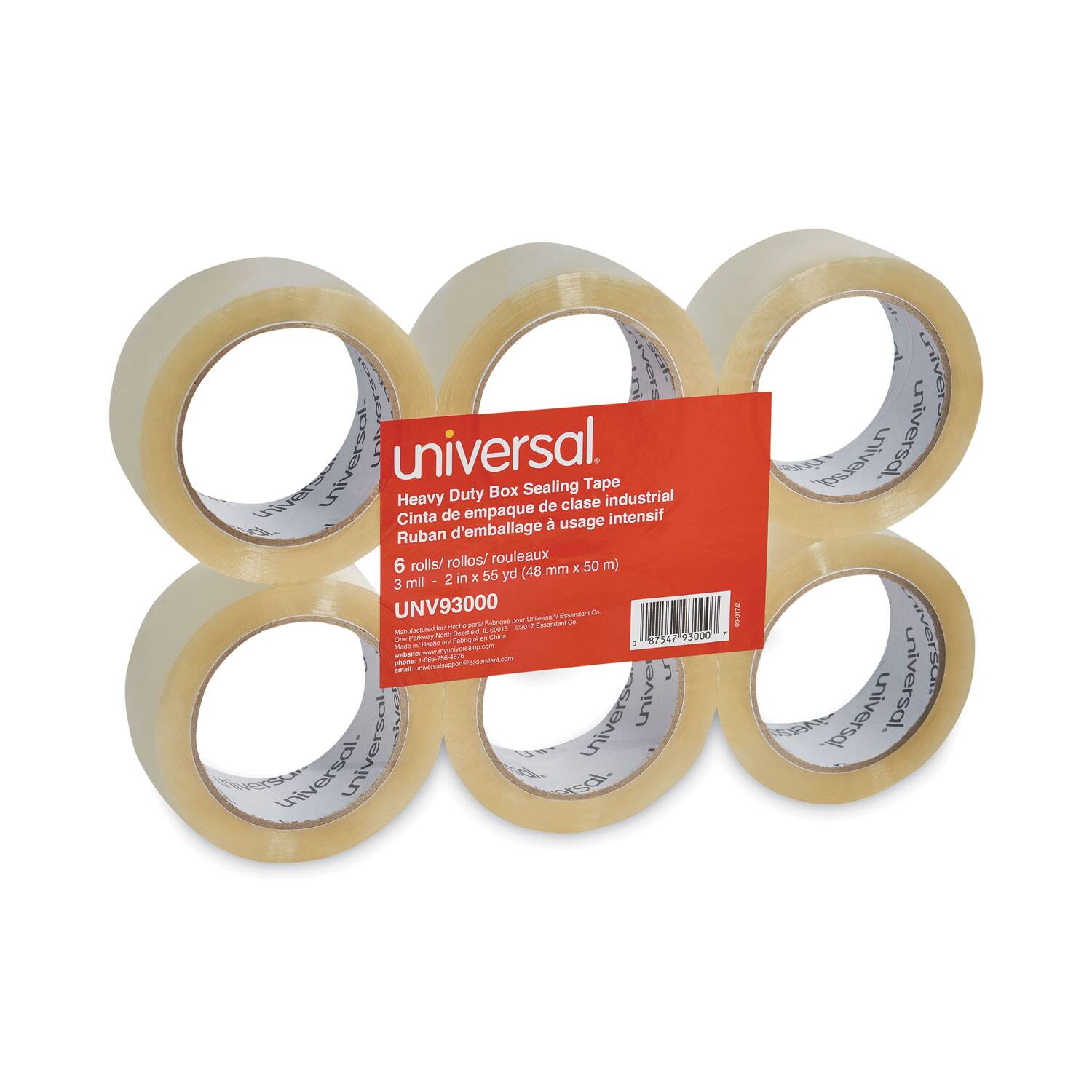 Universal  
Heavy Duty Box Sealing Tape  
Cinta de empaque de clase industrial  
Ruban d'emballage à usage intensif  

6 rolls/rollos/rouleaux  
3 mil - 2 in x 55 yd (48 mm x 50 m)  

UNV93000  

Manufactured by: Universal Packaging Co., Ltd.  
One Factory Road, Pailin, China  
Website: www.universalpackaging.com  
Email: universal@universalpackaging.com