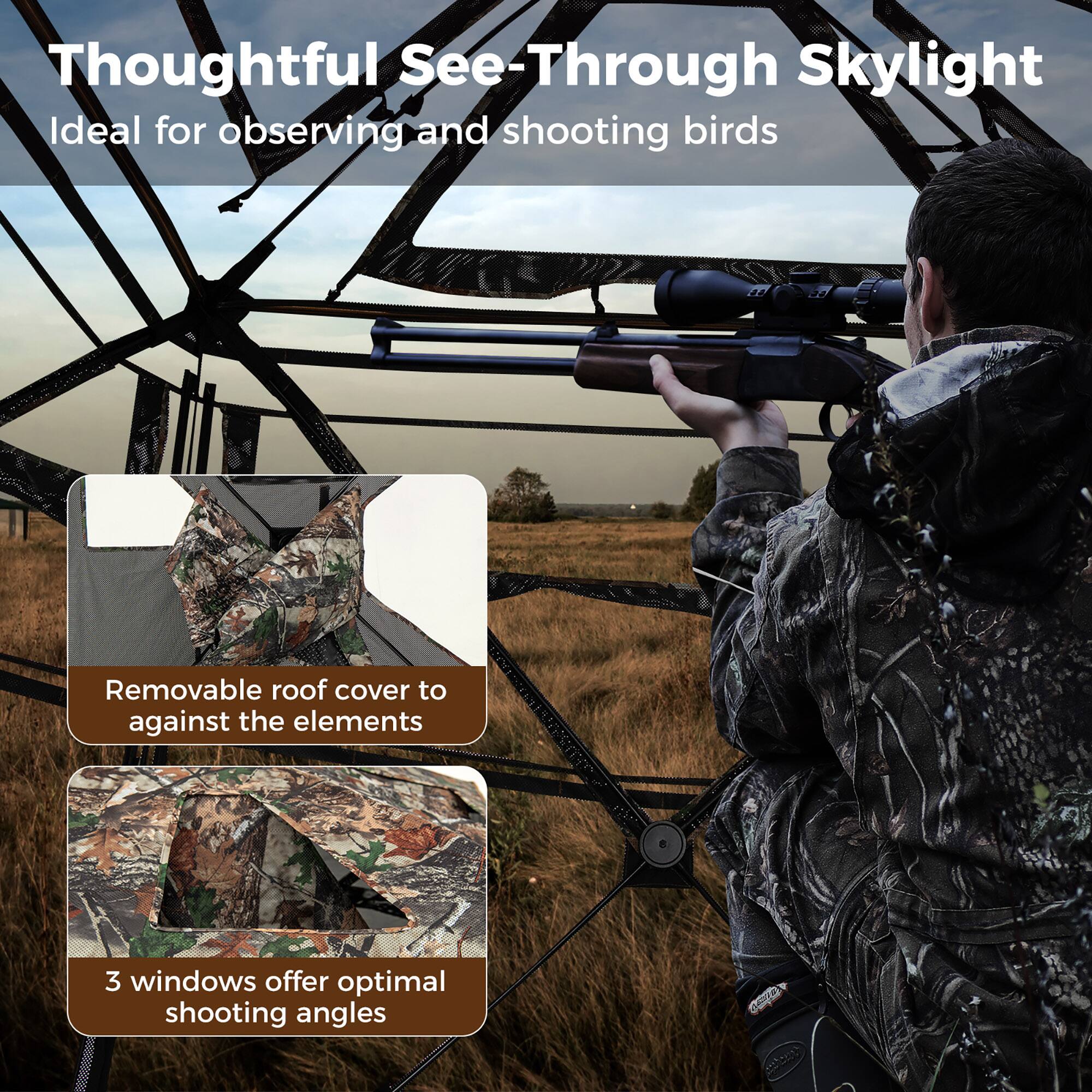 Thoughtful See-Through Skylight  
Ideal for observing and shooting birds  

Removable roof cover to protect against the elements  

3 windows offer optimal shooting angles