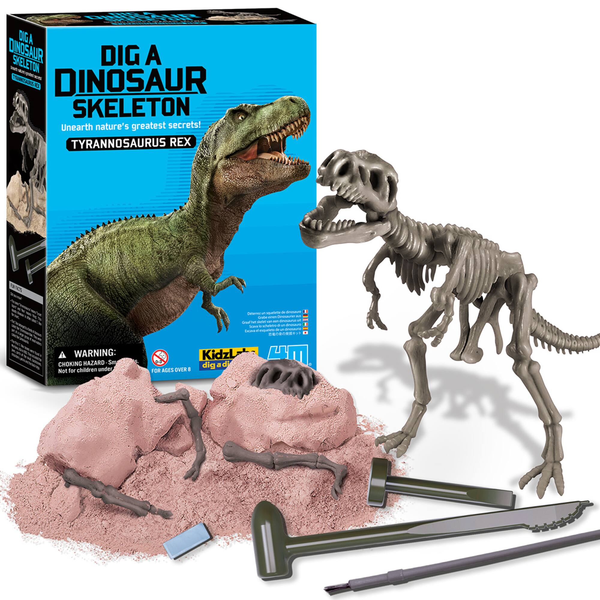 DIG A DINOSAUR SKELETON  
Unearth nature's greatest secrets!  
TYRANNOSAURUS REX  

WARNING: CHOKING HAZARD - Small parts. Not for children under 3 years.  

FOR AGES OVER 8