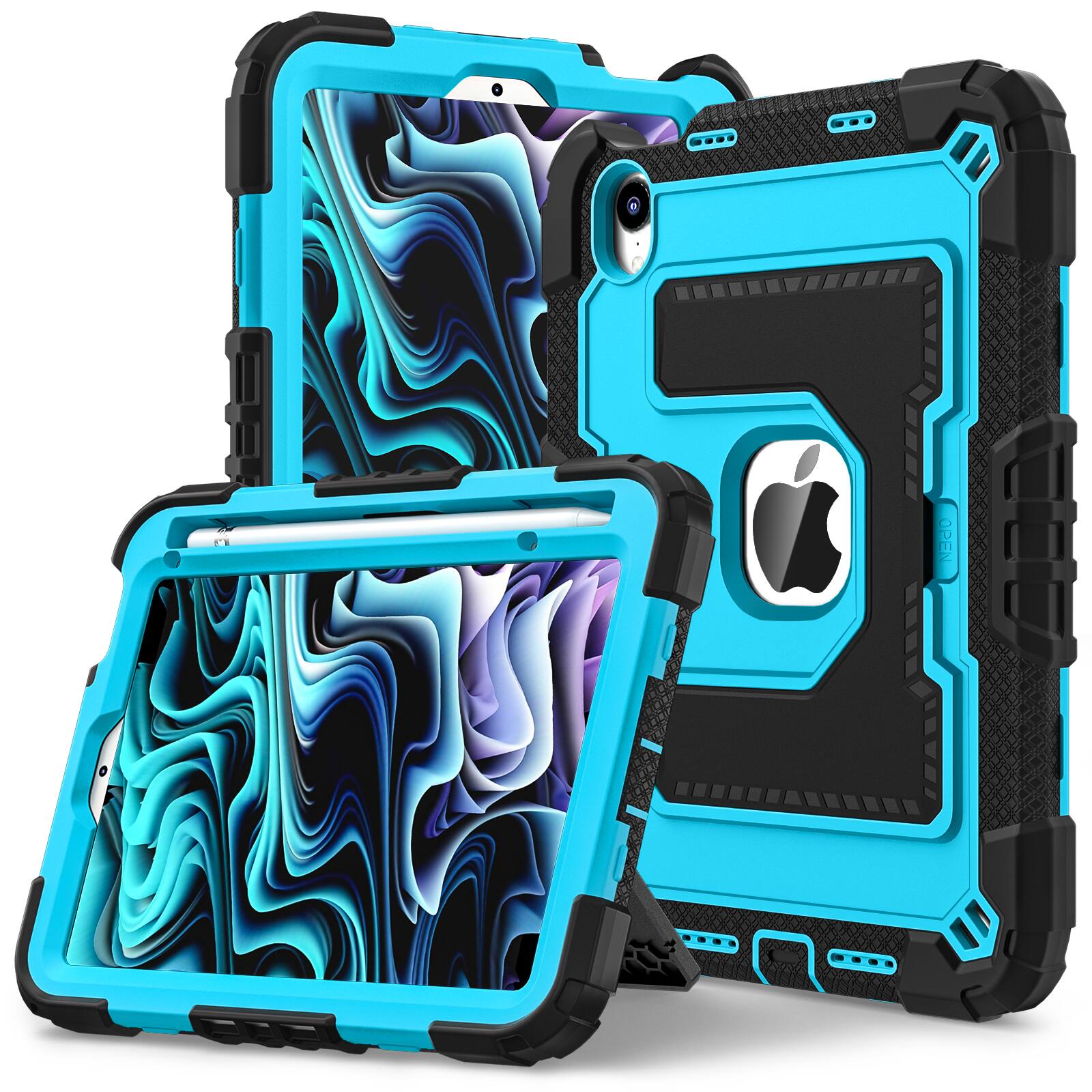 Angle. UUCOVER - Rugged Protective Case for iPad Mini A17 Pro 8.3" 2024/iPad Mini 6th Gen 2021 Shockproof Stand Cover with Shoulder Strap - Black+Blue.