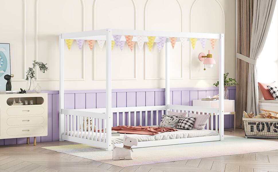 Alt View 4. Tiramisubest - Full Size Canopy Frame Floor Bed with Fence, Guardrails,White - White.