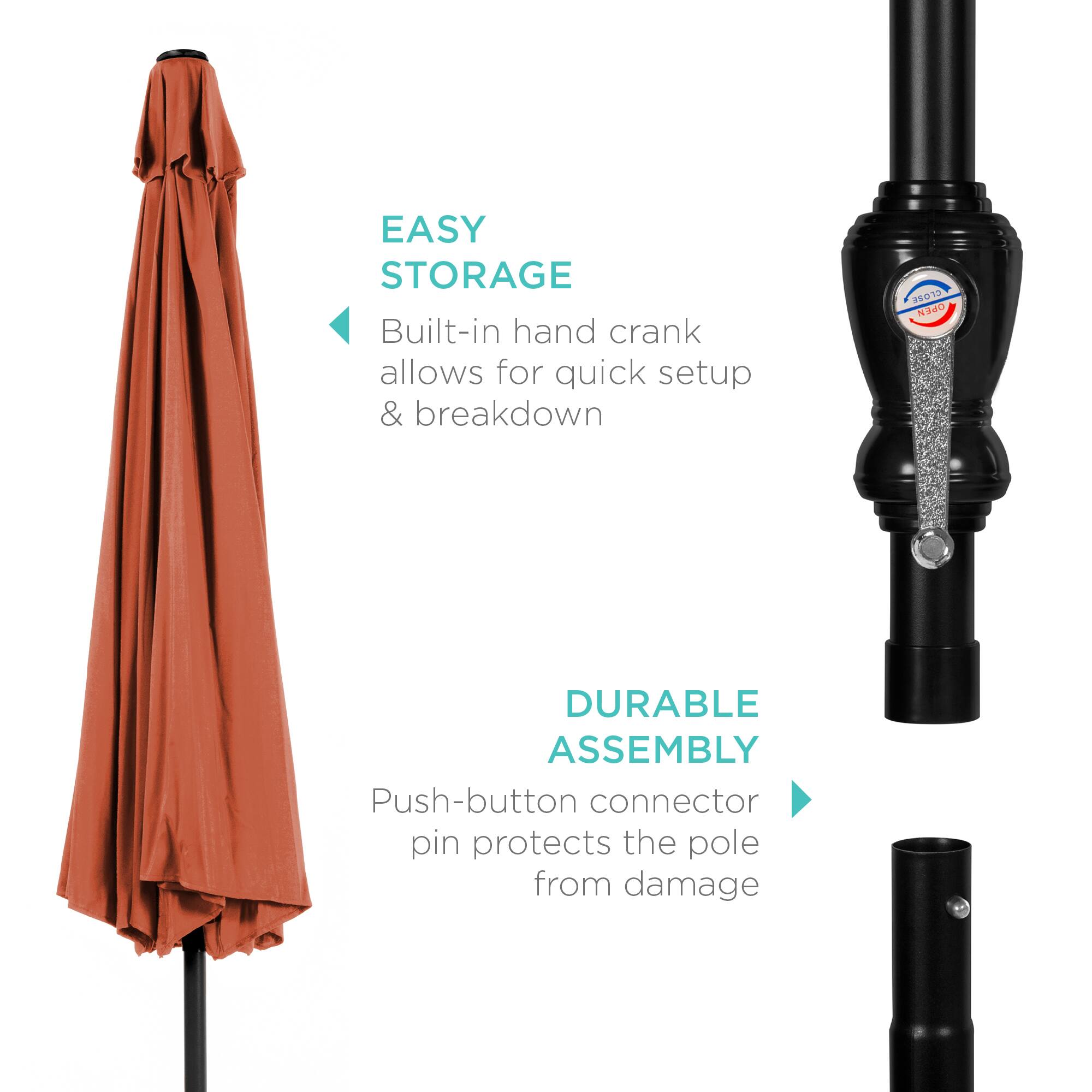 EASY STORAGE  
Built-in hand crank allows for quick setup & breakdown  

DURABLE ASSEMBLY  
Push-button connector pin protects the pole from damage