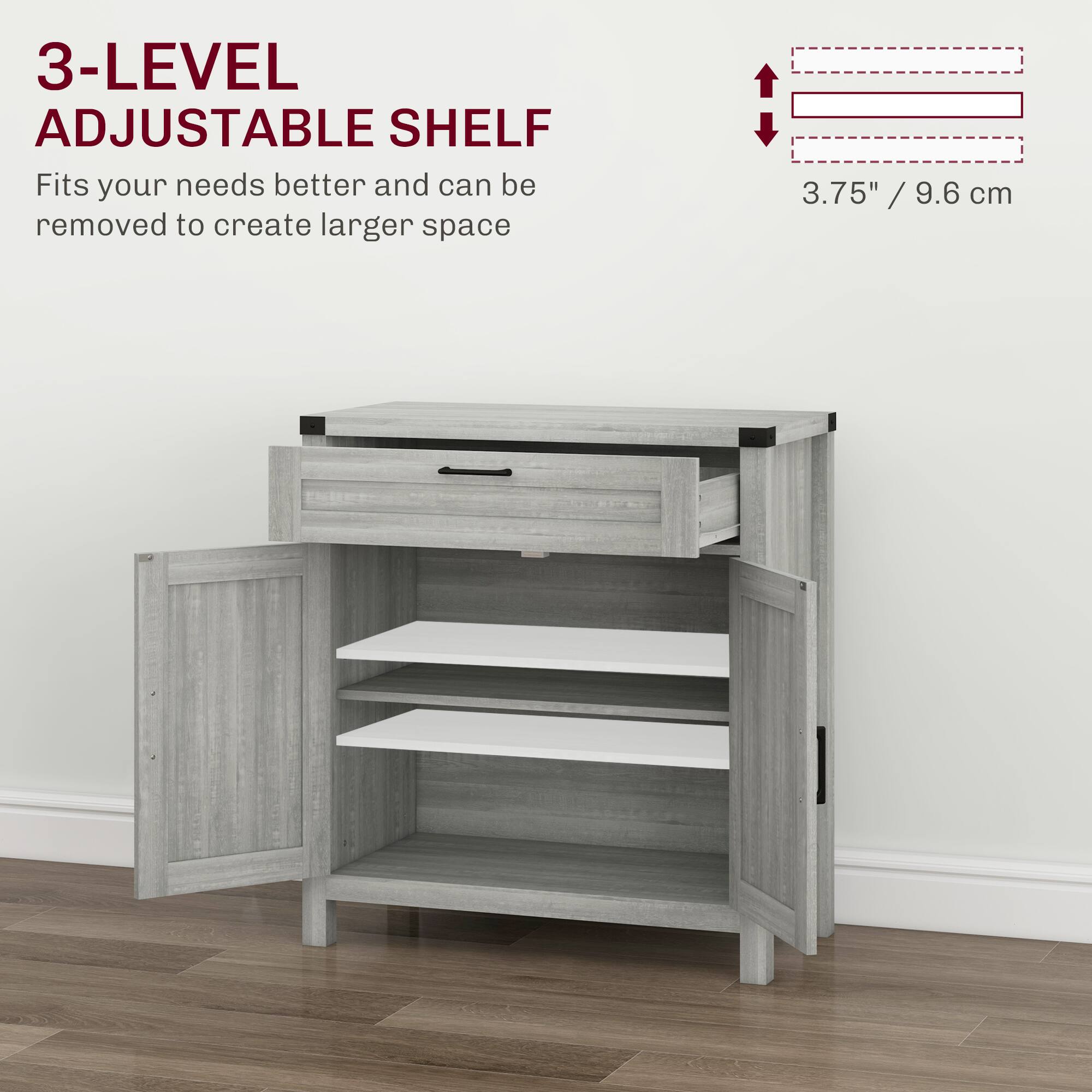 3-LEVEL ADJUSTABLE SHELF
Fits your needs better and can be removed to create larger space
3.75" / 9.6 cm