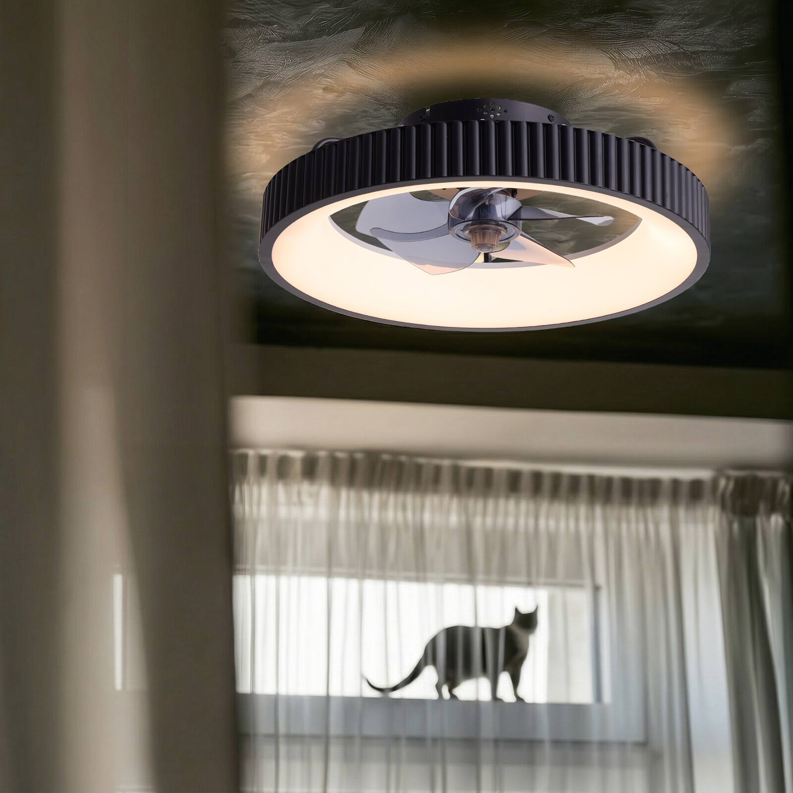 Left. Siljoy - 20 Inch Flush Mount Black Vertical Strip Ceiling Fan With Light Modern Minimalist Bladeless Fan Light For Bedroom - Black.