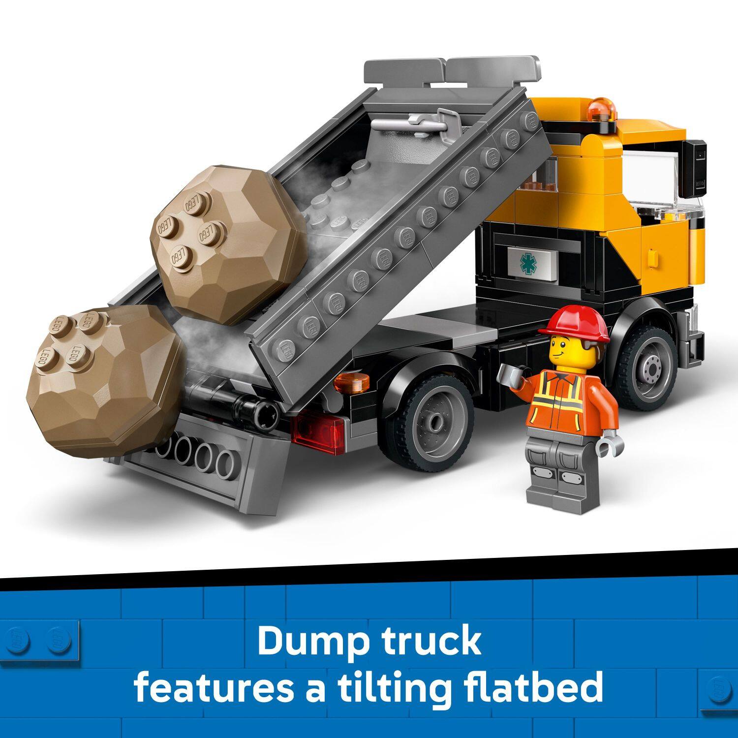 Dump truck features a tilting flatbed