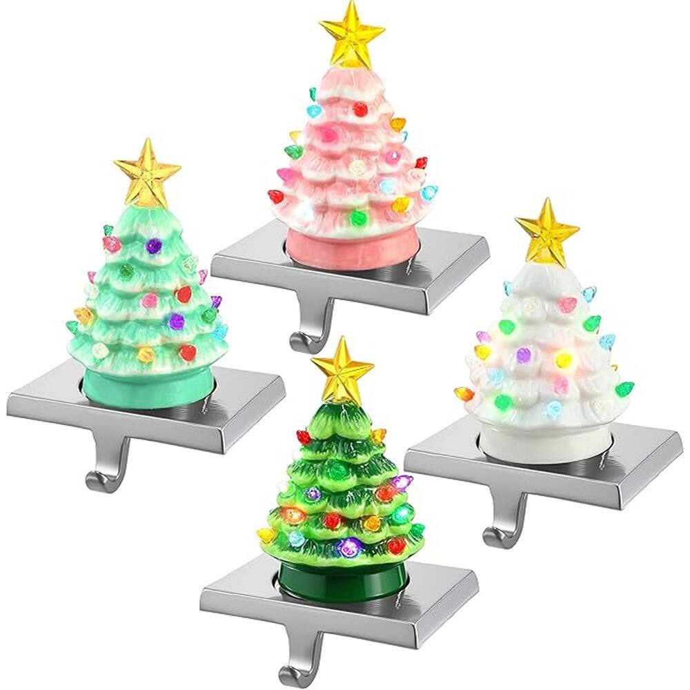 Front. Schertz - 4-Piece 6.5" LED Ceramic Christmas Tree Stocking Holders – 3D Lighted Hooks for Fireplace, Mantel, Tabletop Holiday Deco - multicolored.