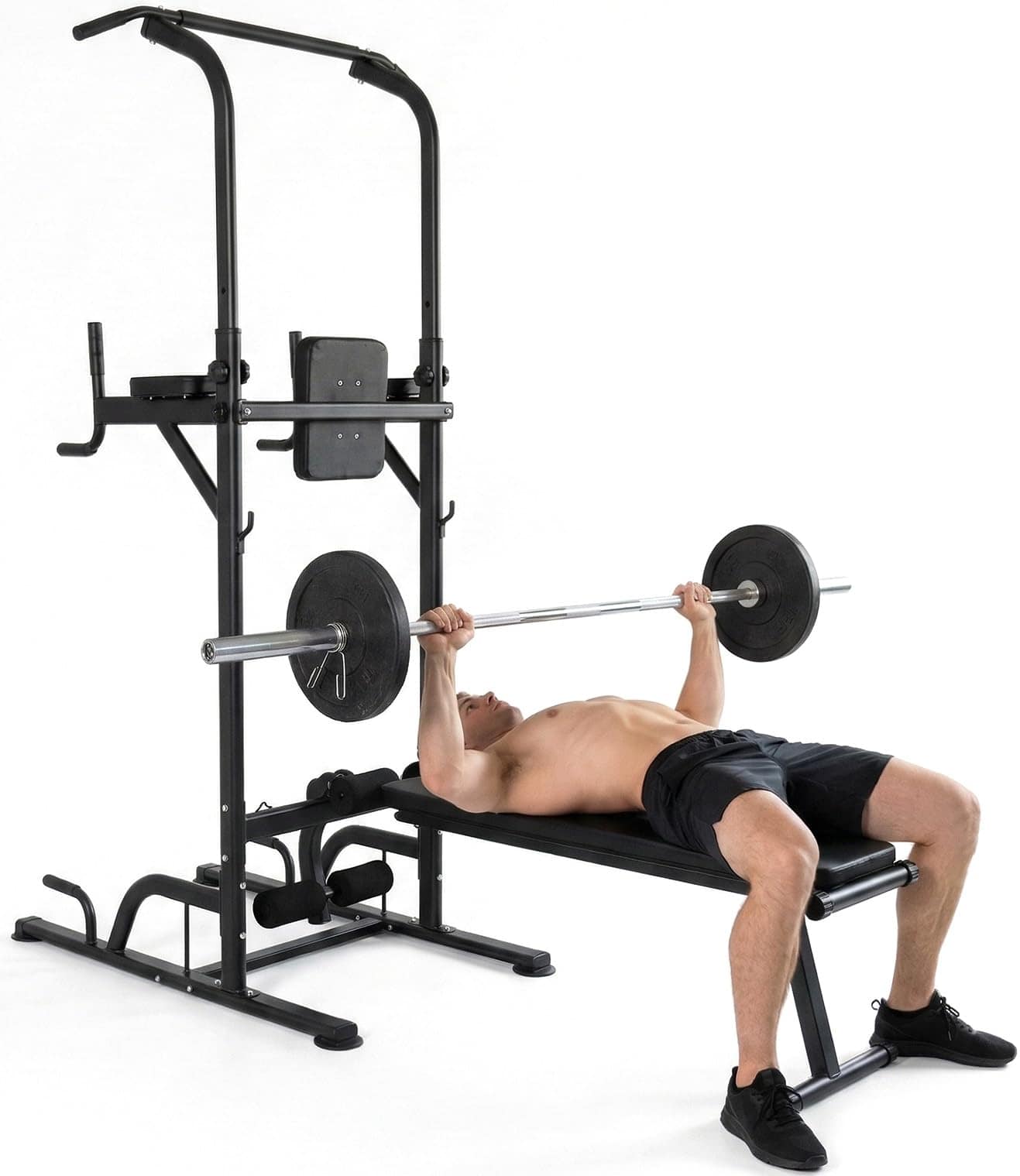 Pyle - SQUATZ Pull-Up Workout Station with Bench - Multifunctional Gym Equipment with Pulling Bar, Sit-Up Board, Backrest - Black