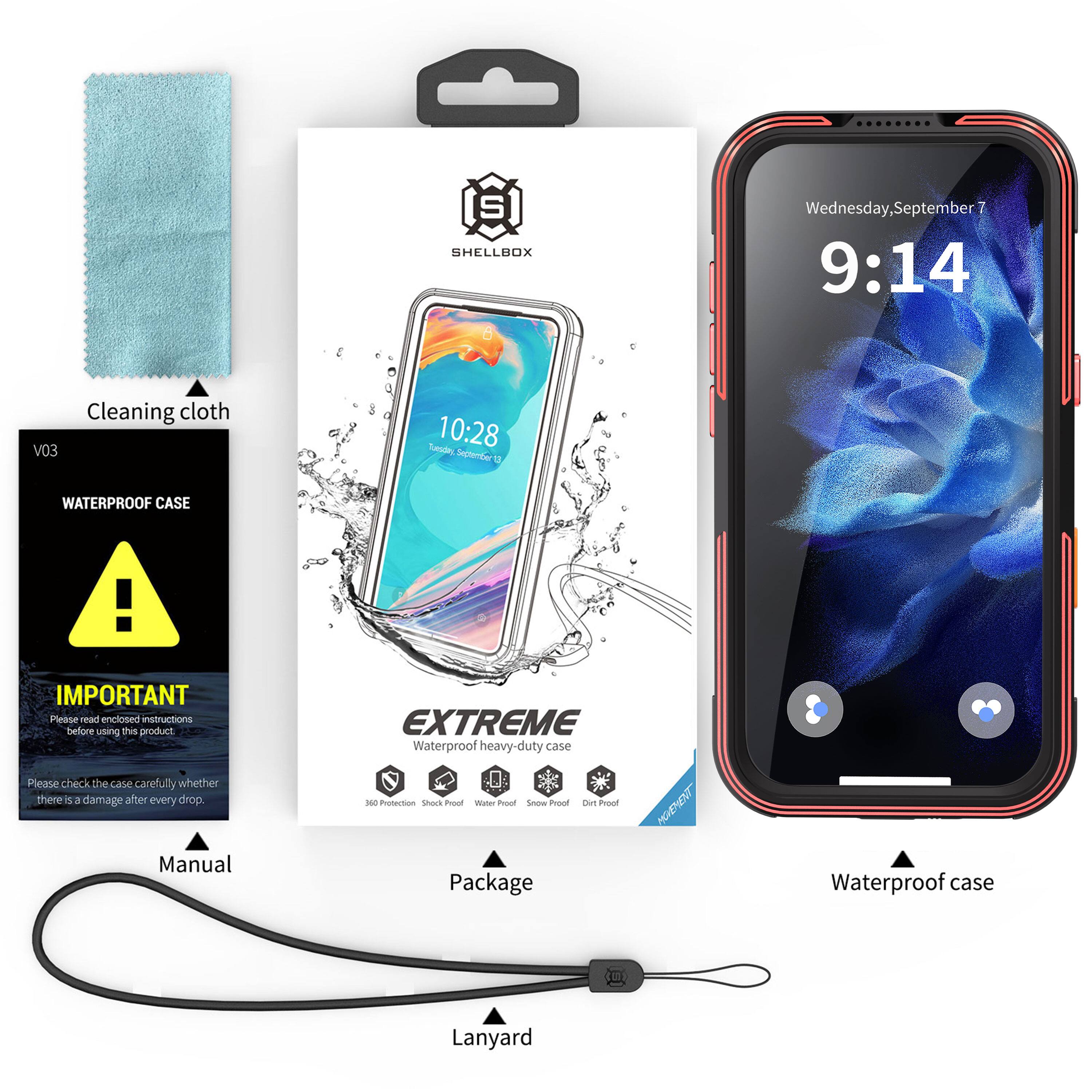 S SHELLBOX

Wednesday, September 7 9:14

Cleaning cloth V03

Tuesday, 10:28 September 6

WATERPROOF CASE

IMPORTANT
Please read enclosed instructions before using this product
Please check the case carefully whether there is a damage after every drop.

Manual

EXTREME Waterproof heavy-duty case
360 Protection Shock Proof Water Proof Snow Proof Dirt Proof

Package

MOVEMENT

Waterproof case

Lanyard