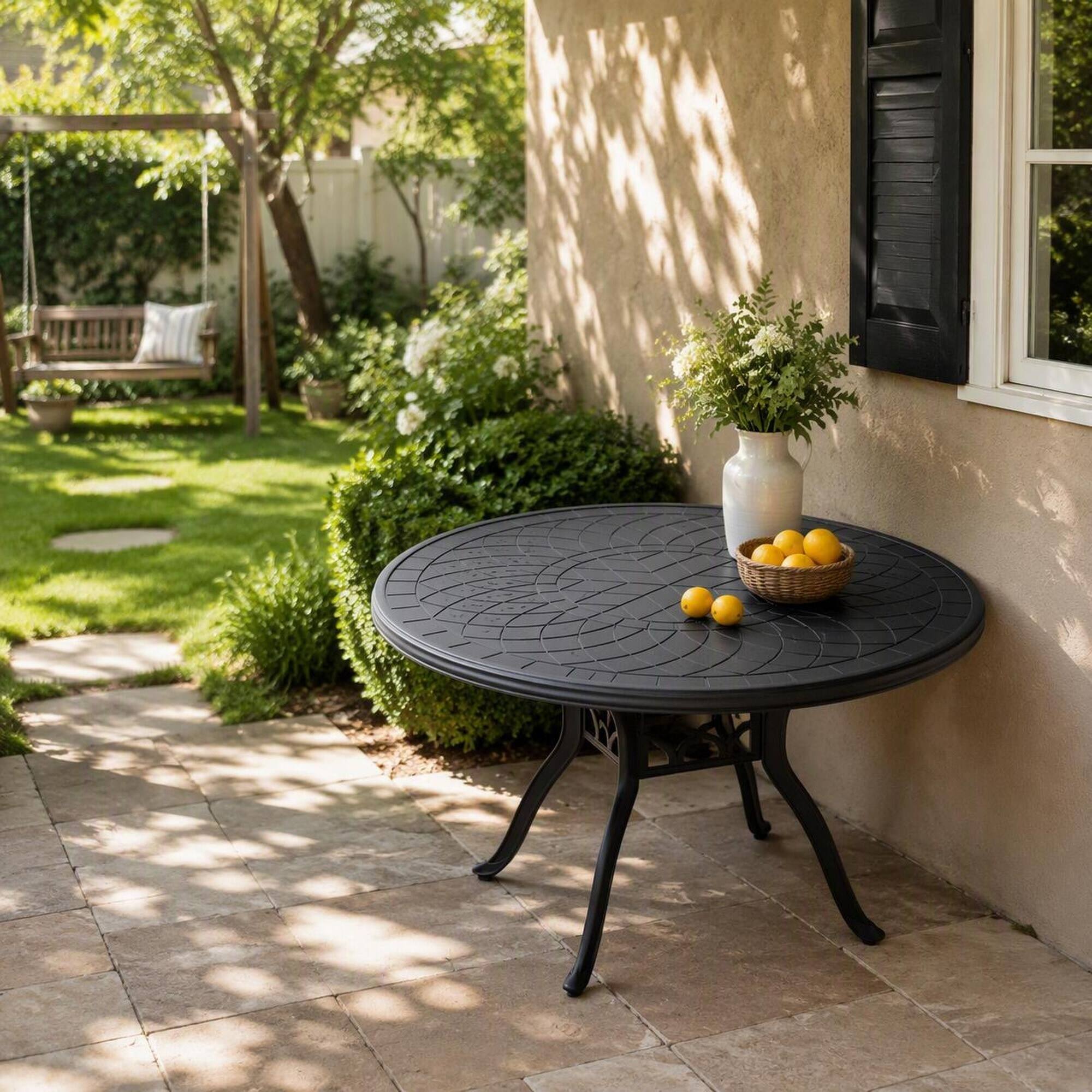 Alt View 2. RYHNUYNE - Round Cast Aluminum Patio Dining Table 47.24", Black Outdoor Garden Bistro Furniture for Garden Deck Balcony - Black.