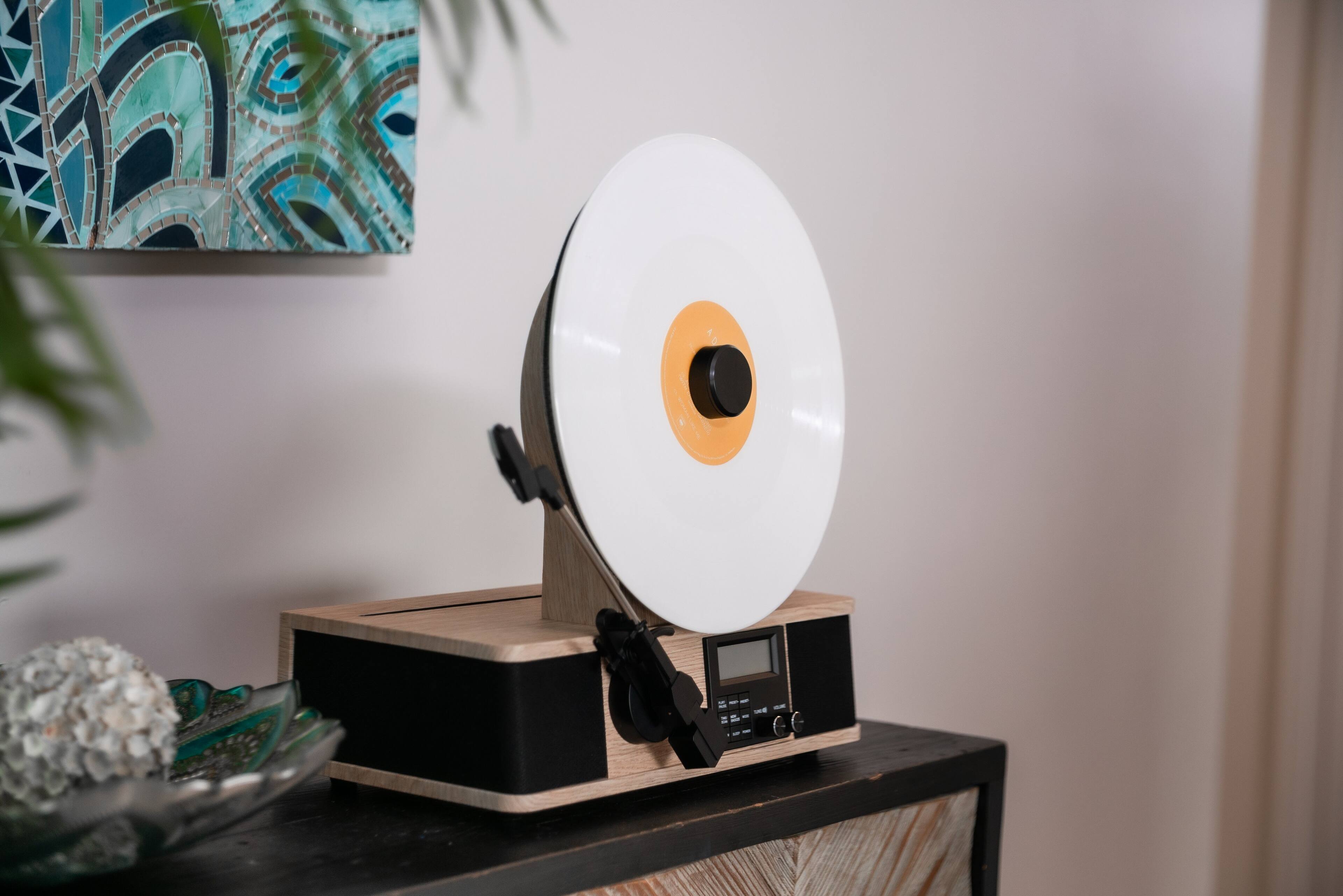 Alt View 1. Fuse Audio - Fuse WRAP Vertical Vinyl Record Player Turntable with Bluetooth In/Out and FM Radio - Bamboo Wood.