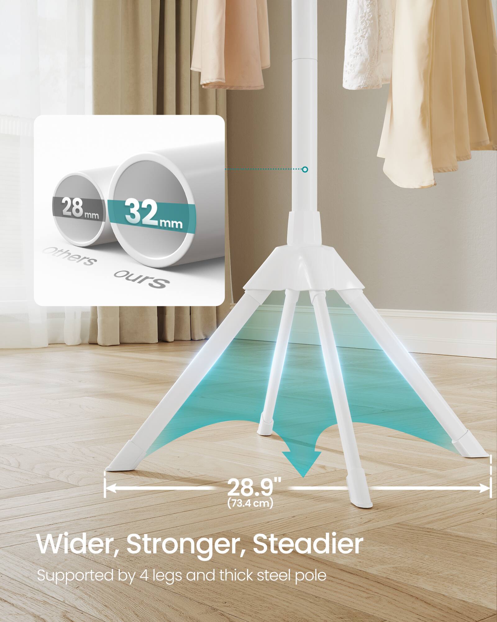 28 mm, 32 mm others ours  
28.9" (73.4 cm)  
Wider, Stronger, Steadier  
Supported by 4 legs and thick steel pole