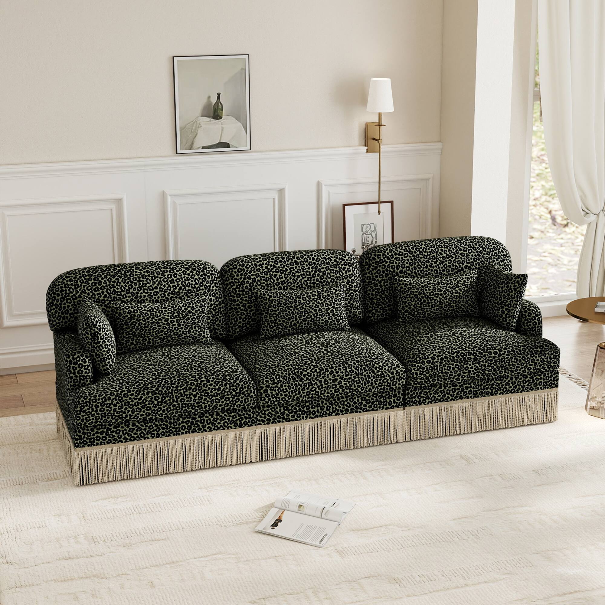 Angle. Anysun - 100" Chenille Leopard Print 3-Seater Sofa with Tassel Edge, Modular Sectional Couch, Ergonomic Deep Seat for Living Room - Green.