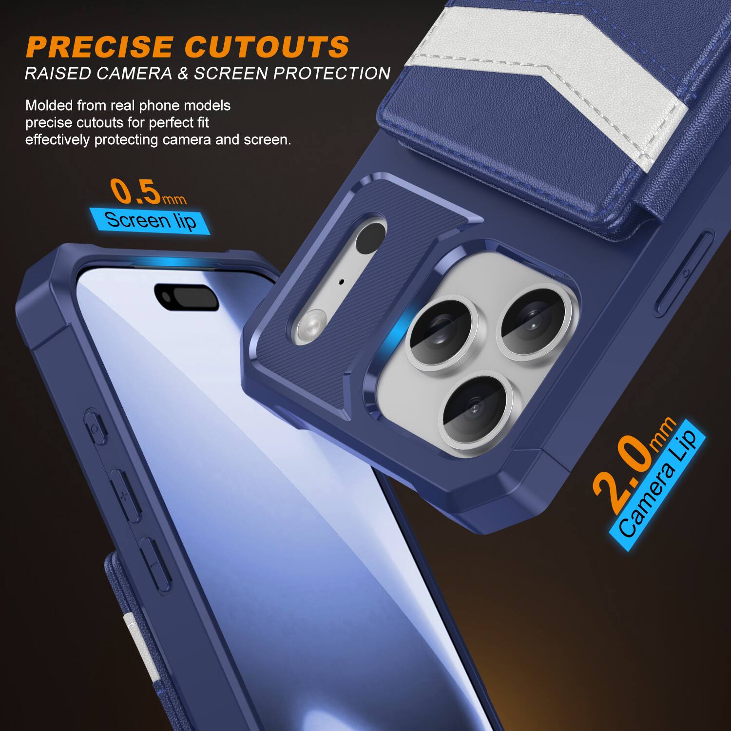 PRECISE CUTOUTS  
RAISED CAMERA & SCREEN PROTECTION  

Molded from real phone models, precise cutouts for perfect fit, effectively protecting camera and screen.  

0.5mm Screen Lip  
2.0mm Camera Lip