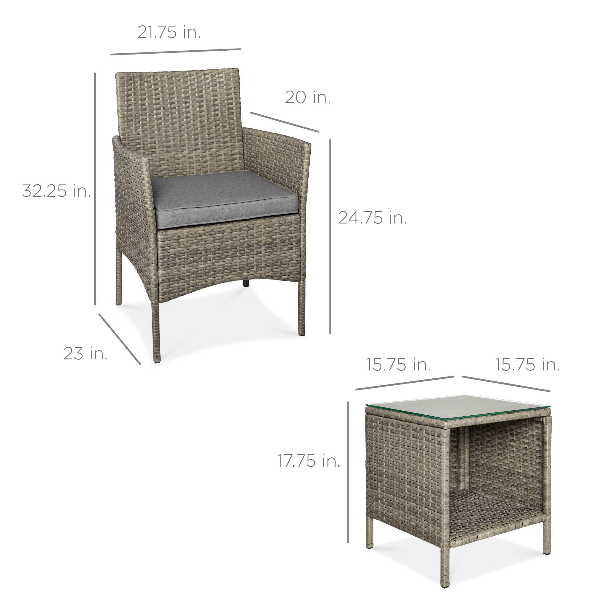 - Chair:
  - Height: 32.25 in.
  - Width: 21.75 in.
  - Depth: 24.75 in.
  - Seat Height: 17.75 in.
  - Armrest Height: 20 in.
  - Seat Depth: 23 in.

- Table:
  - Height: 15.75 in.
  - Width: 15.75 in.
  - Depth: 15.75 in.