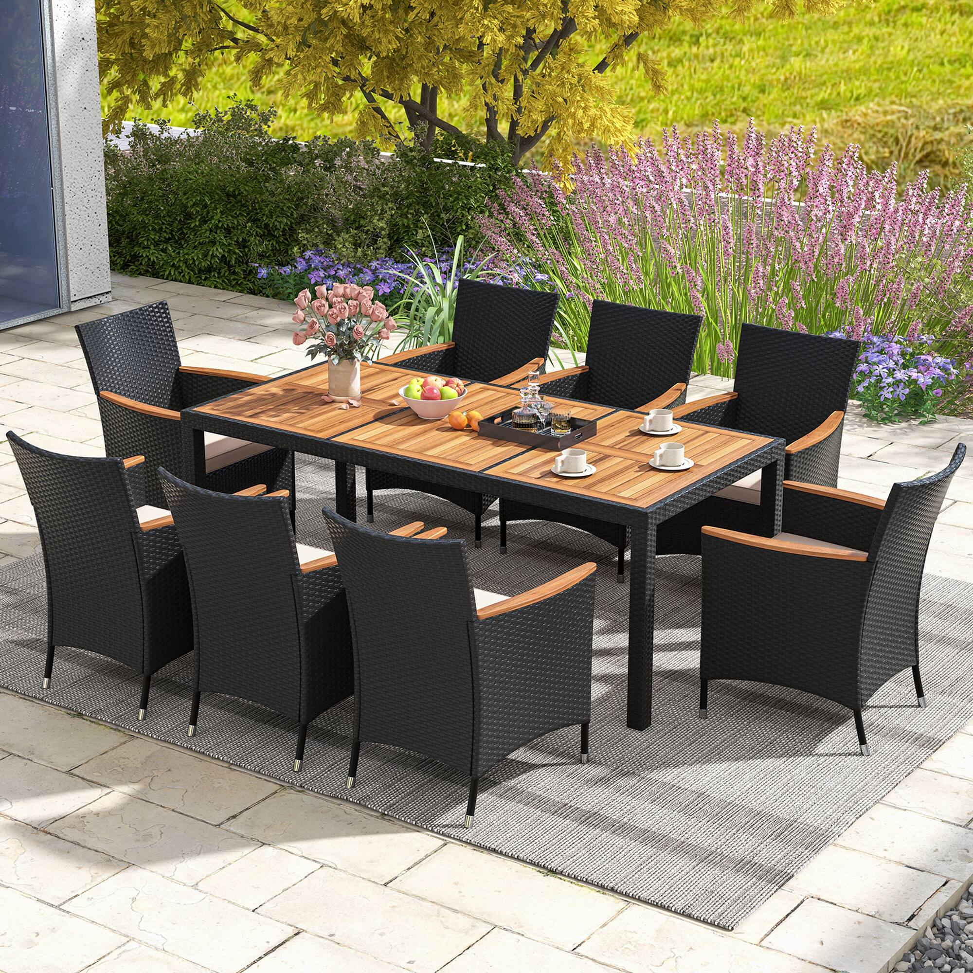 Alt View 1. Costway - 9 PCS Outdoor Dining Set with Acacia Wood Tabletop, Umbrella Hole, Seat Cushions - Black & Natural.