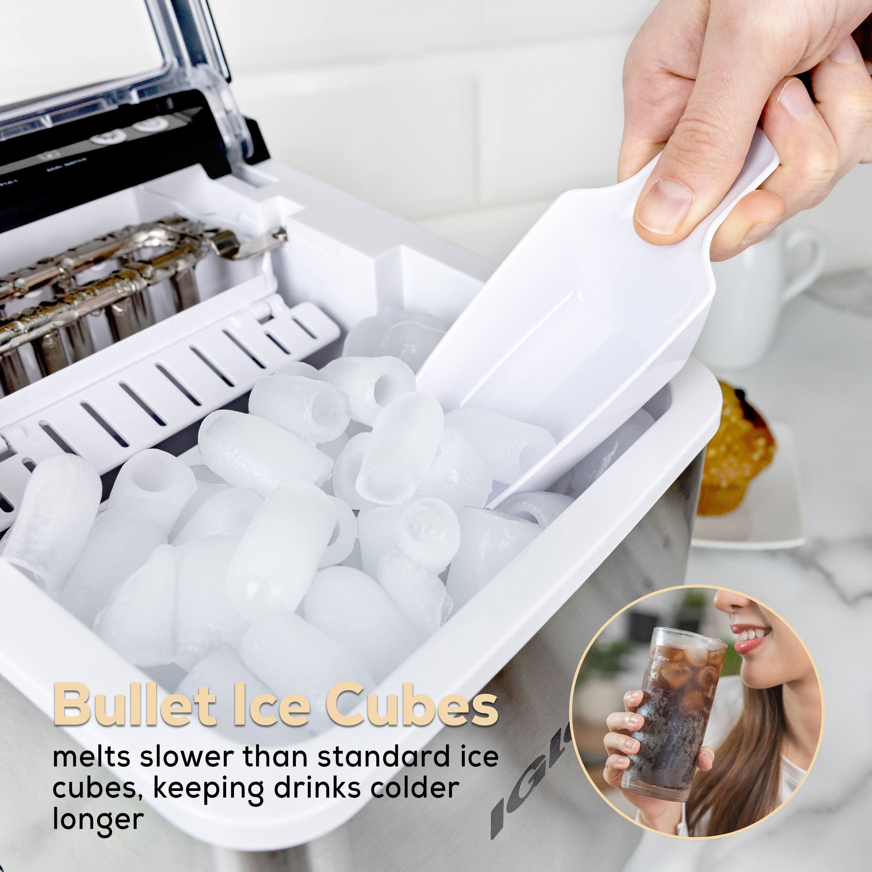 Bullet Ice Cubes  
melts slower than standard ice cubes, keeping drinks colder longer