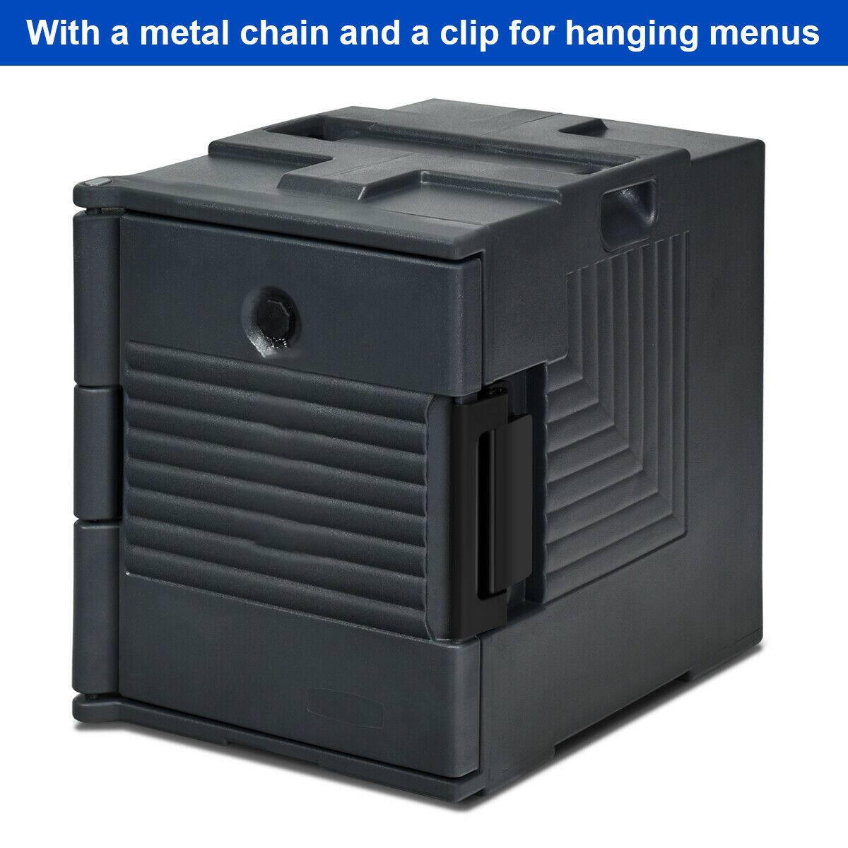 With a metal chain and a clip for hanging menus