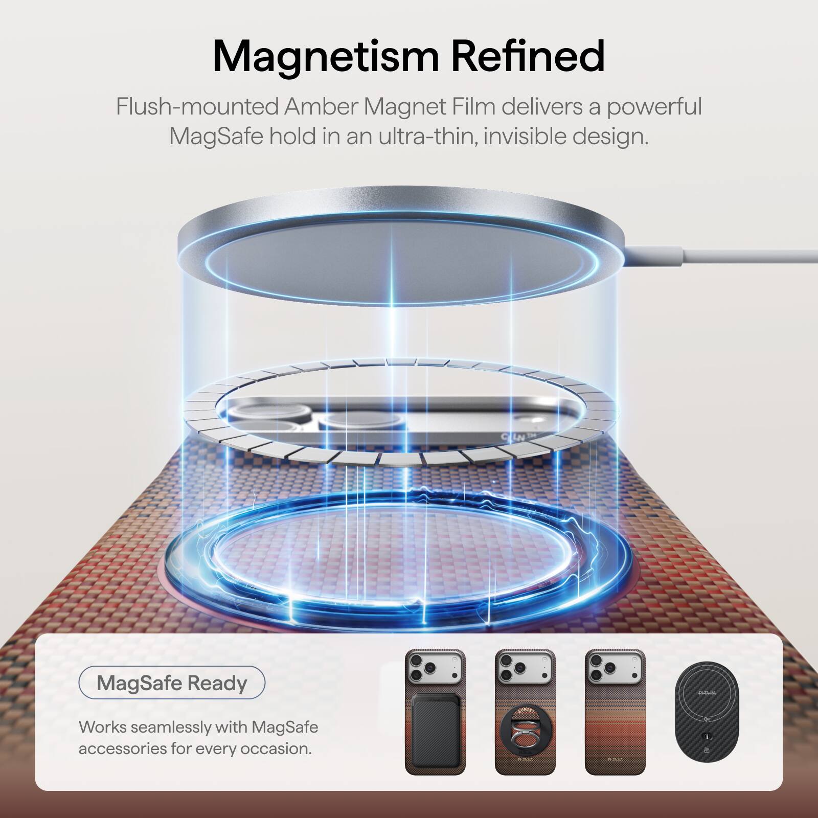 Magnetism Refined

Flush-mounted Amber Magnet Film delivers a powerful MagSafe hold in an ultra-thin, invisible design.

MagSafe Ready

Works seamlessly with MagSafe accessories for every occasion.