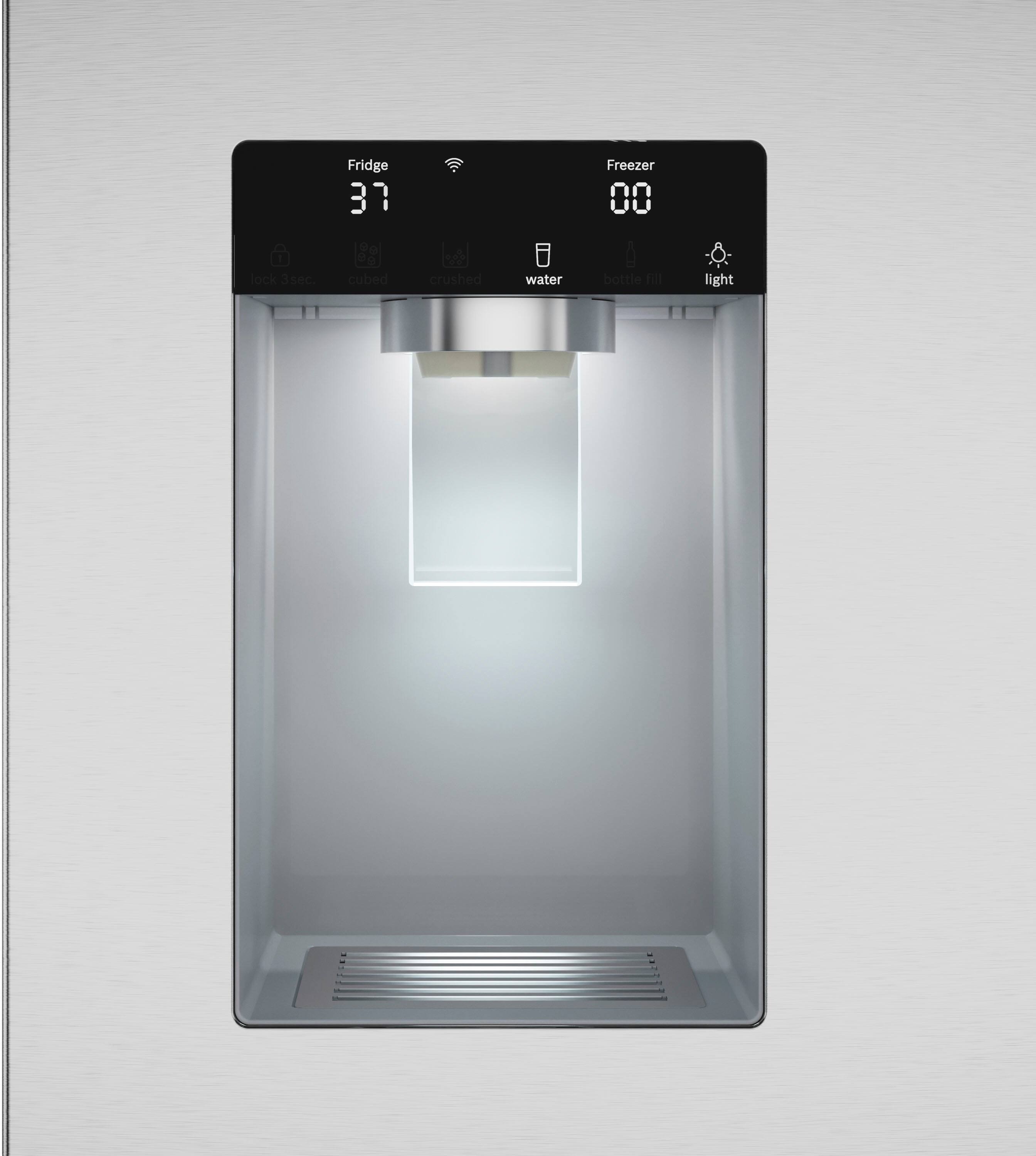 The text on the image reads: "Fridge 37 Freezer 00 ock 3sec cubed crushed water bottle Fill light." This text is grouped and corrected as follows:

"Fridge 37 degrees Freezer 0 degrees 3 seconds cubed crushed water bottle Fill light."