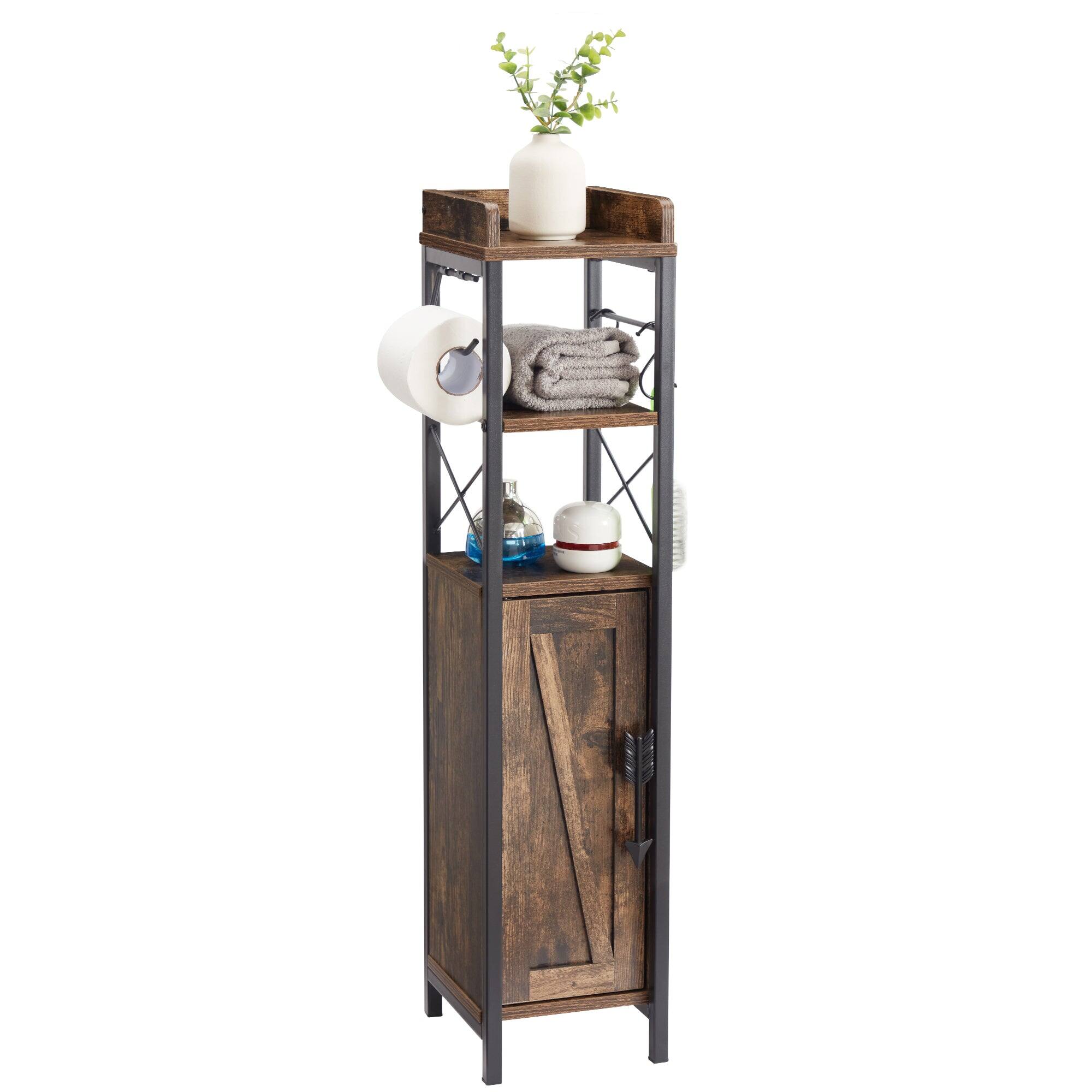 Vecelo - 4-in-1 Bathroom Storage Cabinet with Toilet Paper Holder - Slim Toilet Organizer, Towel Rack & Enclosed Storage - Brown