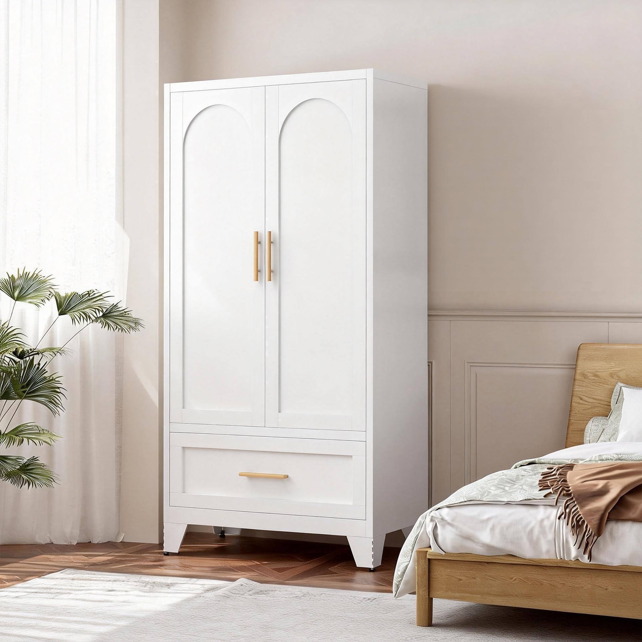 Back. Z-Edge - Metal Wardrobe Cabinet with Drawer and 2 Doors, 60" Tall Steel Armoire Wardrobe Closet with Hanging Rod for Bedroom - White.
