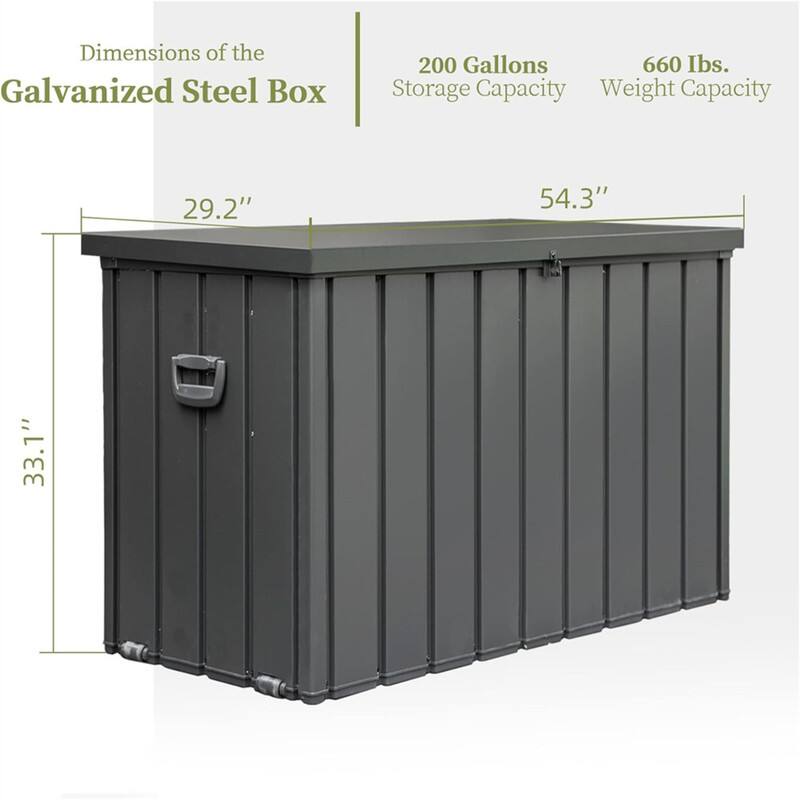 Dimensions of the Galvanized Steel Box  
200 Gallons  
660 lbs.  
Storage Capacity  
Weight Capacity  
29.2" x 54.3" x 33.1"