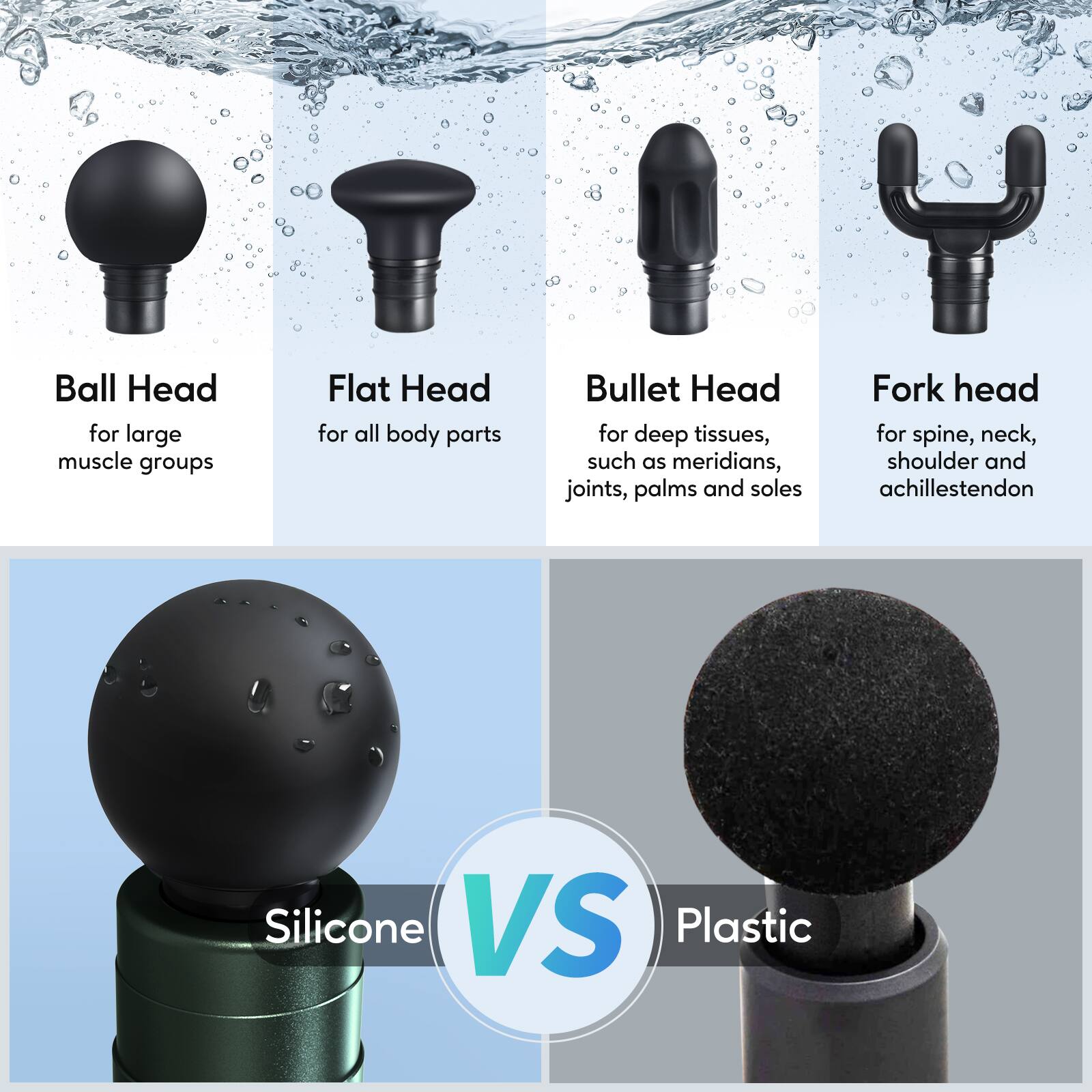 Ball Head  
for large muscle groups  

Flat Head  
for all body parts  

Bullet Head  
for deep tissues, such as meridians, joints, palms and soles  

Fork head  
for spine, neck, shoulder and achilles tendon  

Silicone VS Plastic