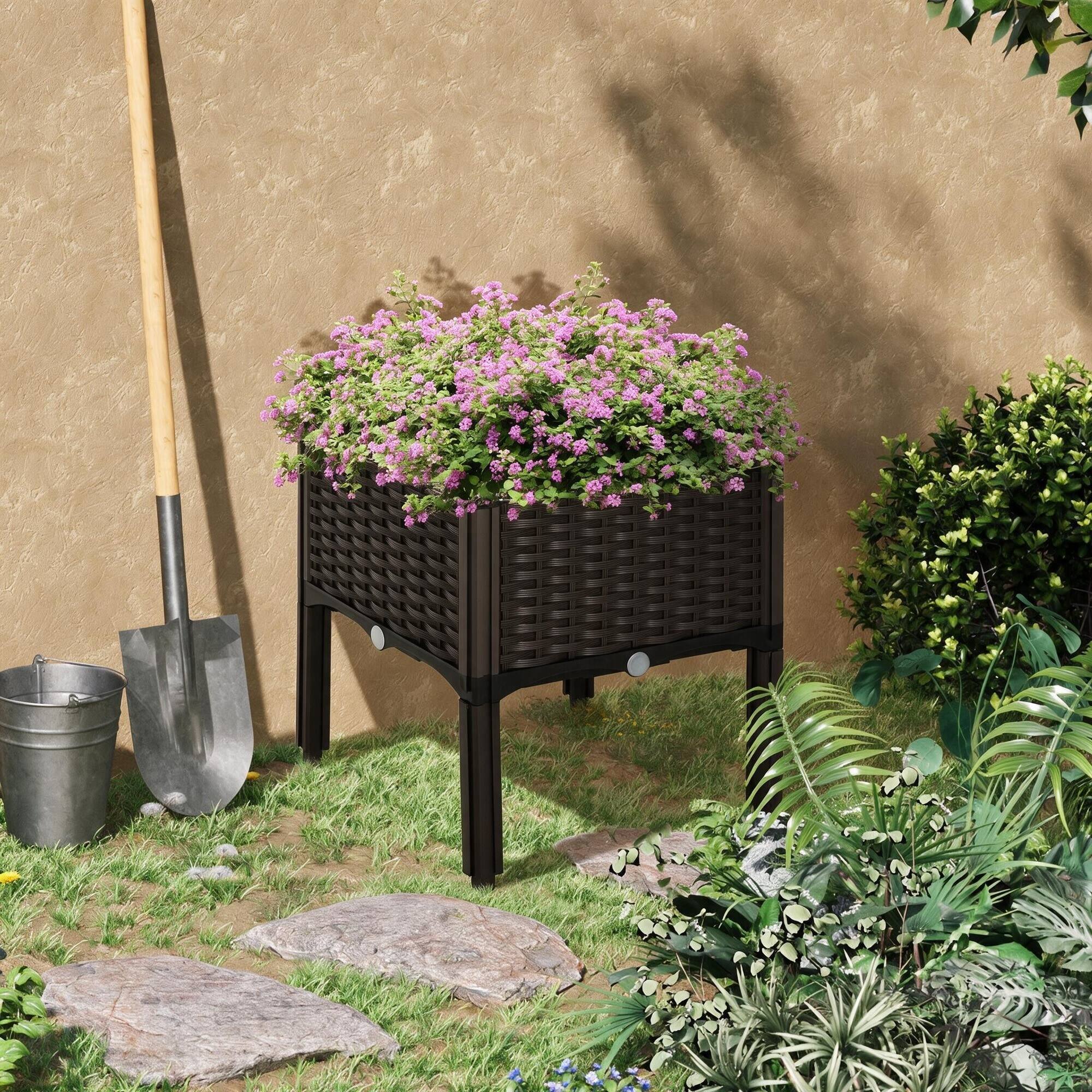 Left. RYHNUYNE - Outsunny Raised Garden Bed with Legs, Self-Watering Planter Box, Polypropylene Rattan Planter for Flowers Herbs - Brown.
