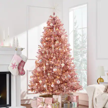 Front. Best Choice Products - Best Choice Products 6ft Prelit Artificial Tinsel Christmas Tree Festive Holiday Decoration w/ 1,000 Tips - Pink - Pink.