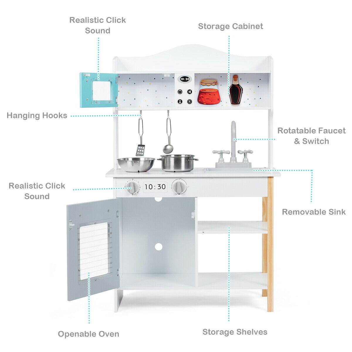 - Realistic Click Sound
- Storage Cabinet
- Hanging Hooks
- Rotatable Faucet & Switch
- Realistic Click Sound
- Removable Sink
- Openable Oven
- Storage Shelves
