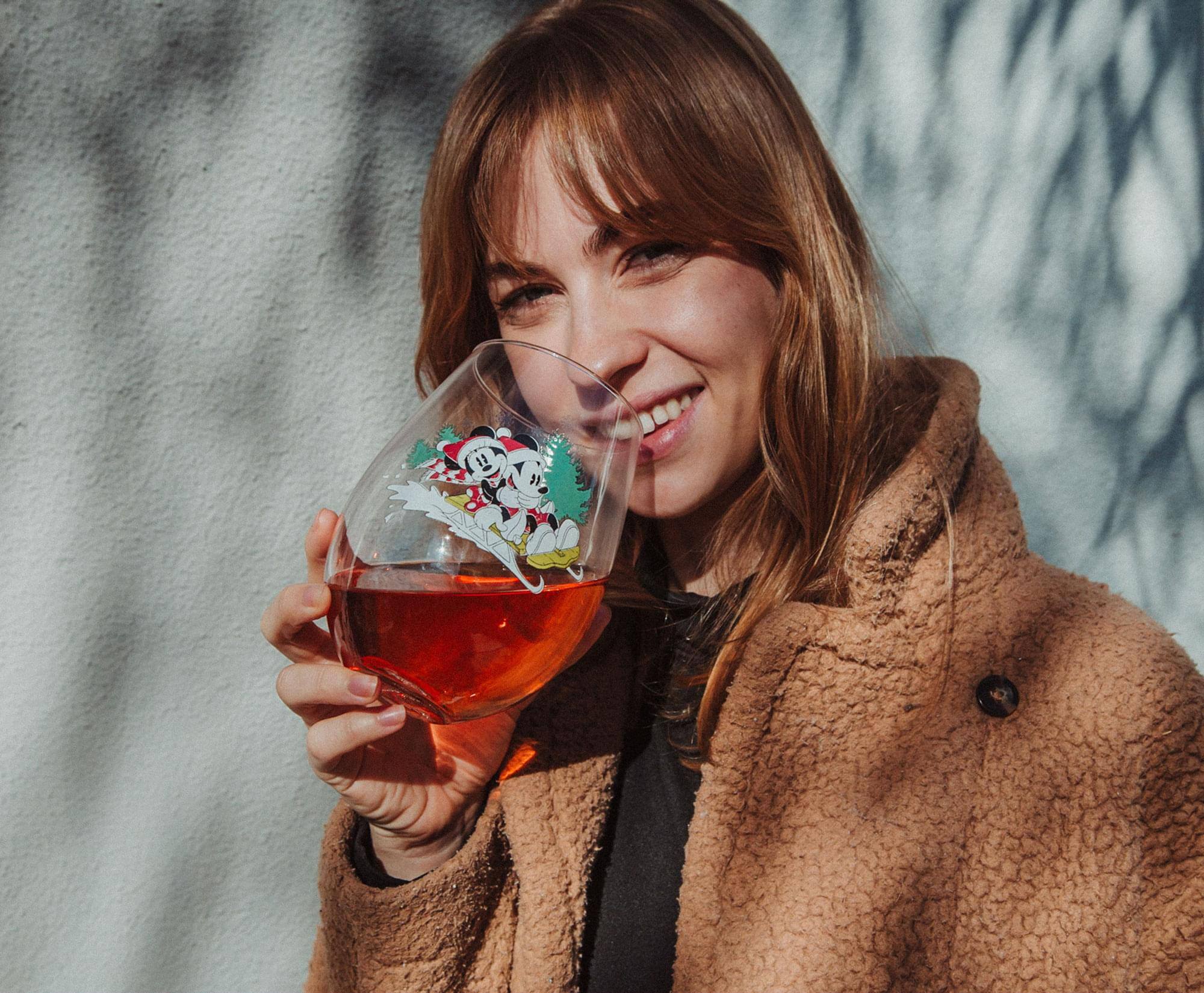 Alt View 4. Silver Buffalo - Disney Mickey and Minnie Christmas Sled Stemless Wine Glass | Holds 34 Ounces - Red.